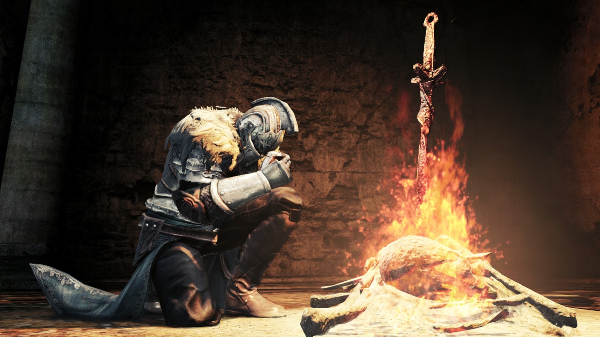 Dark Souls, Falò, Cavaliere seduto, Spada, Fuoco, Full HD, sfondo Windows 11