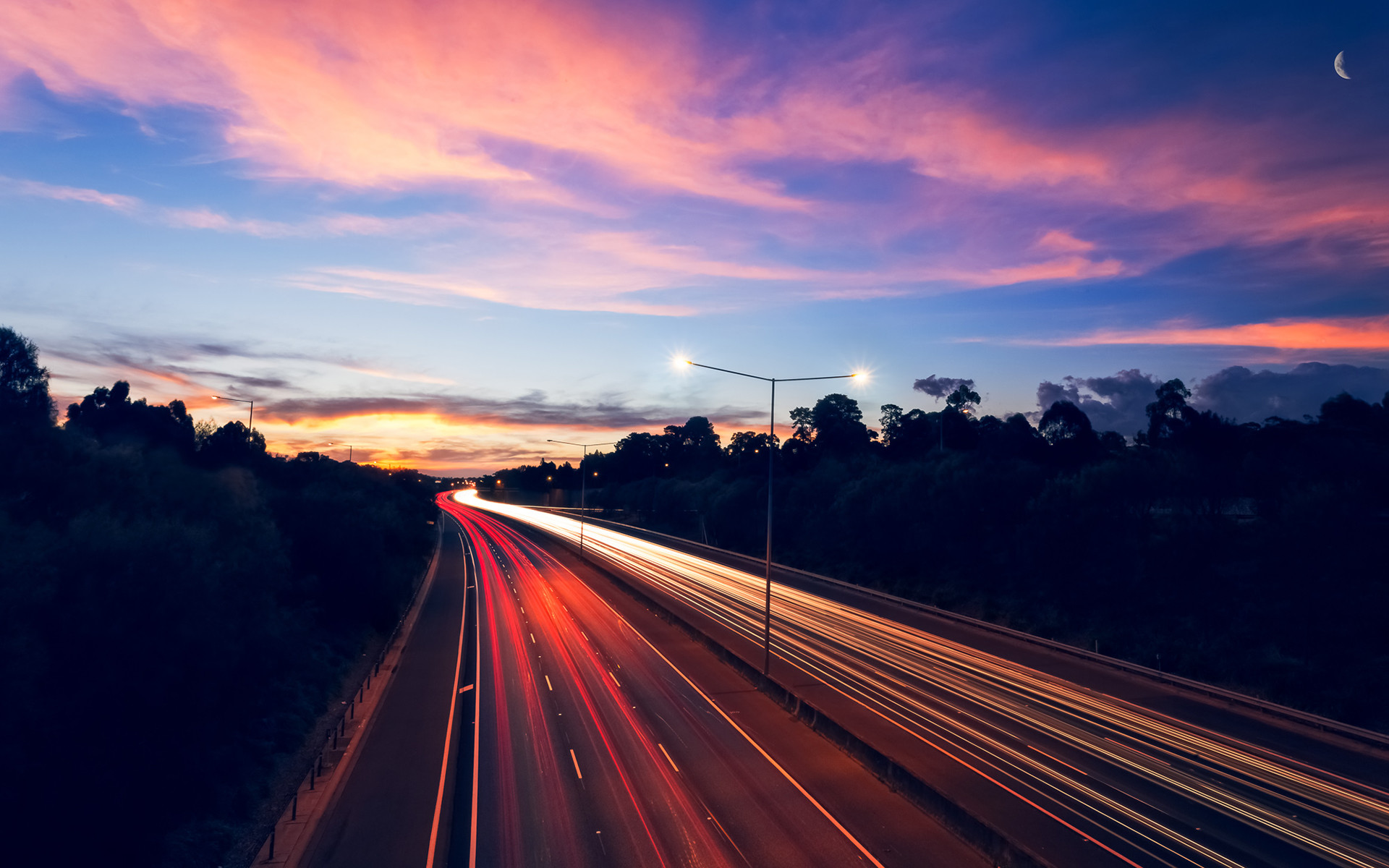 Autostrada, Scie luminose, Tramonto, Lunga esposizione, sfondo desktop