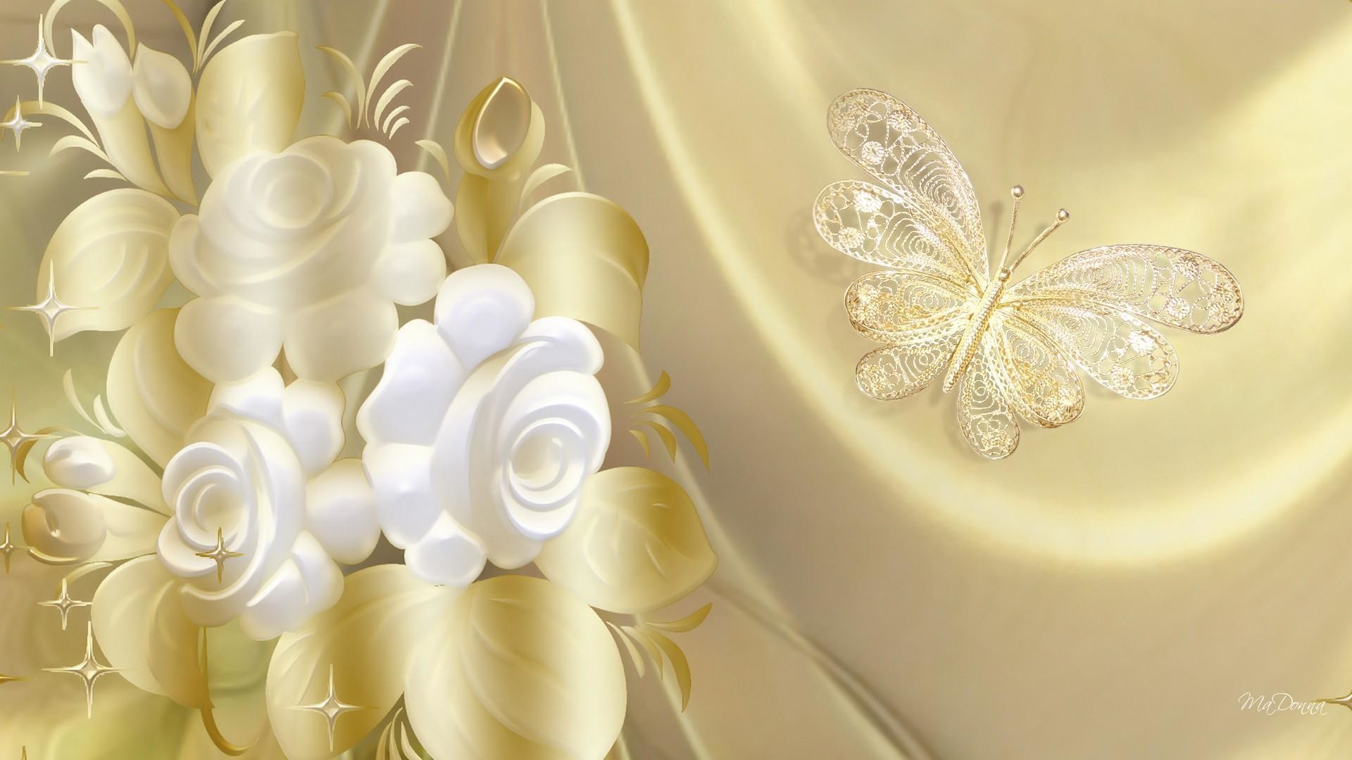 Rose bianche, Farfalla, Arte digitale, Oro, Crema, 1920x1080, immagine di sfondo