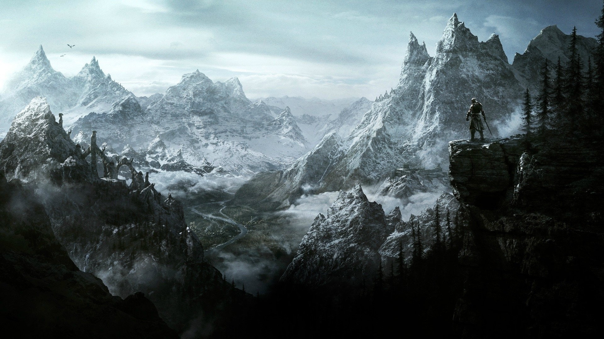 The Elder Scrolls V: Skyrim, Dovahkiin, Montagne innevate, Nebbia, Paesaggio, wallpaper Full HD