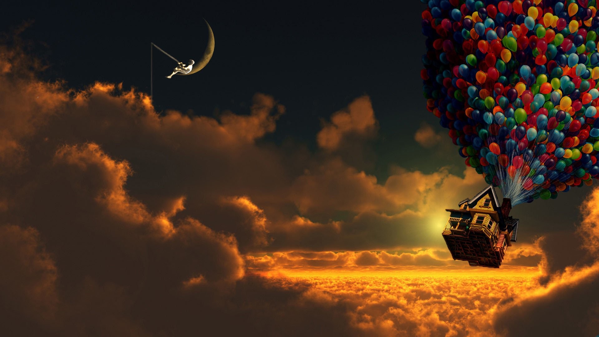Up, Pixar, Casa volante, Nuvole, Luna, Full HD, sfondo per portatile