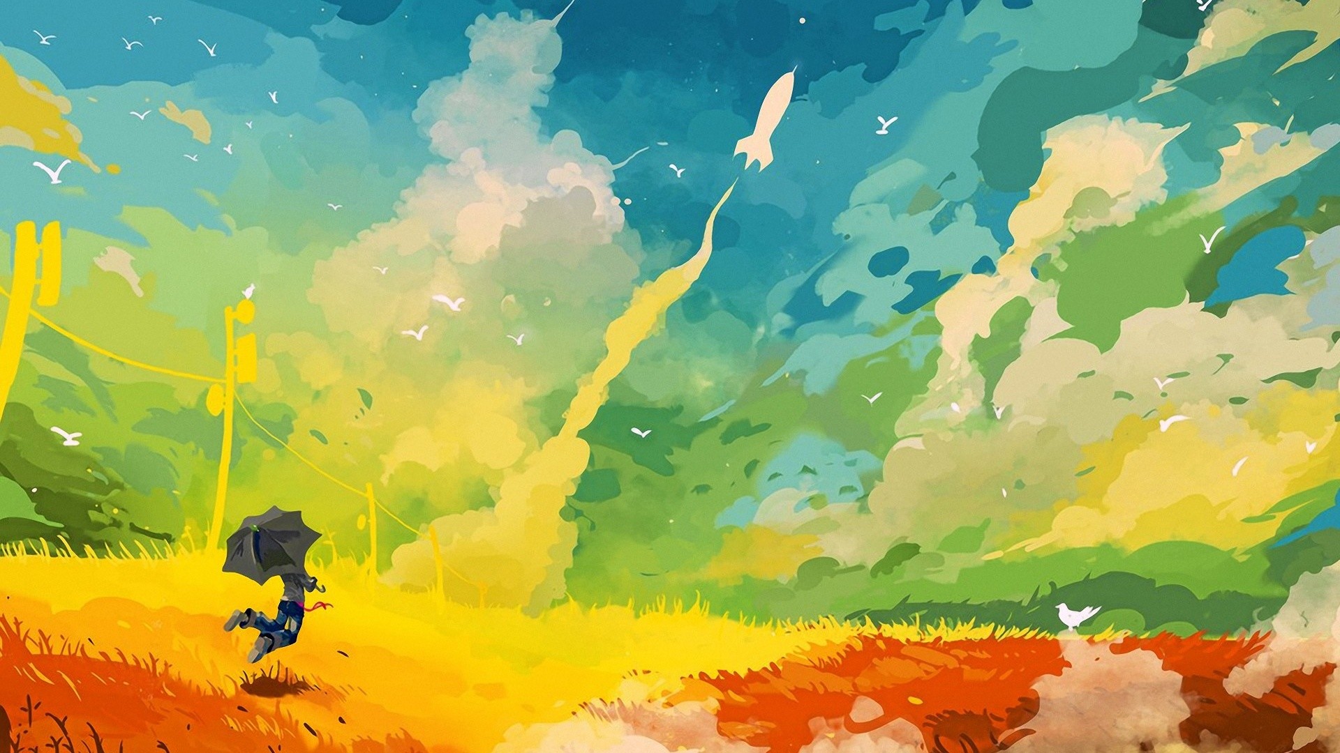 Pittura digitale, Paesaggio, Ombrello, Cielo colorato, Nuvole, Full HD, wallpaper per computer