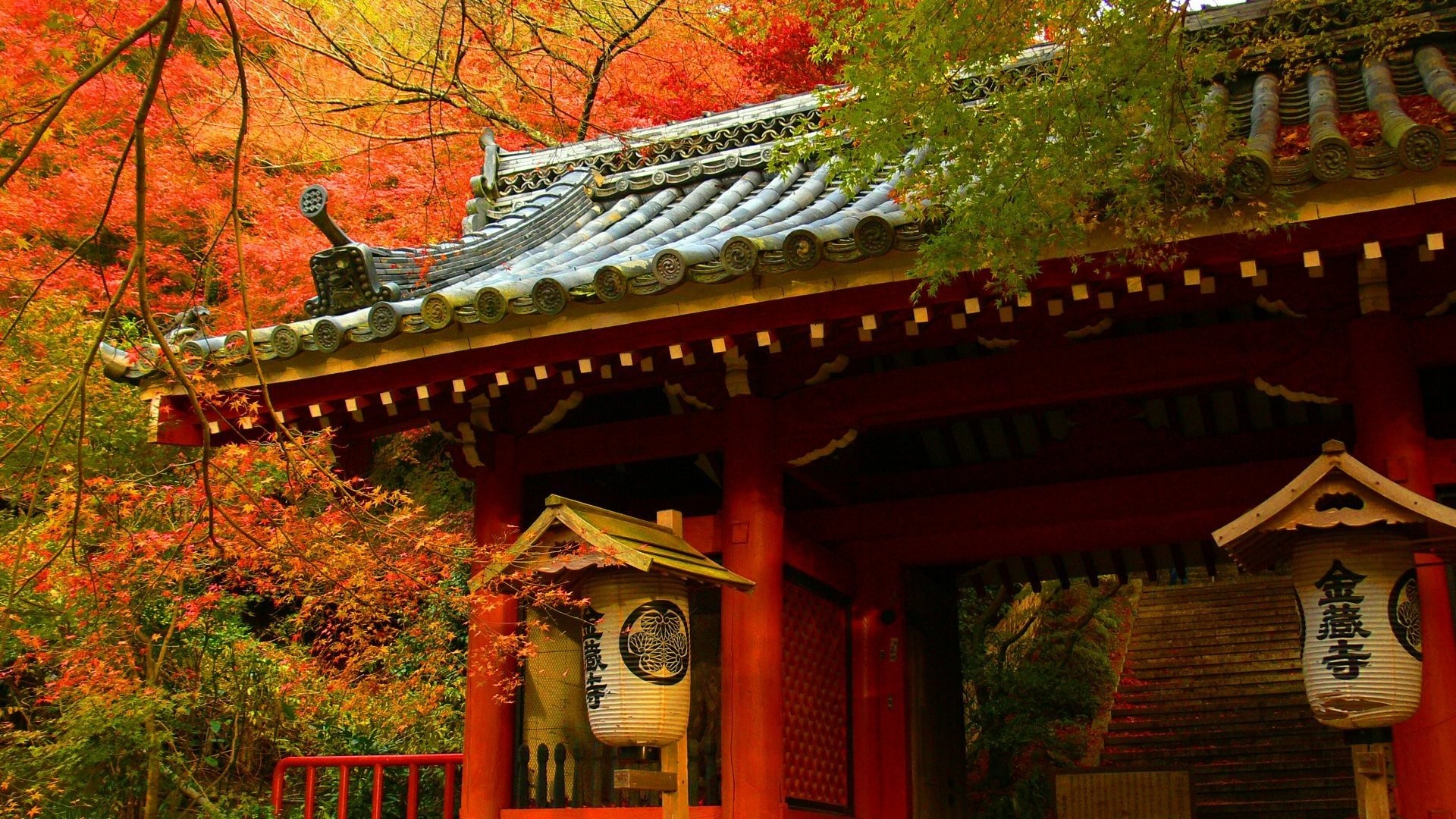 Tempio giapponese, Lanterne, Aceri, Autunno, Giappone, 16:9 Full HD, sfondo widescreen