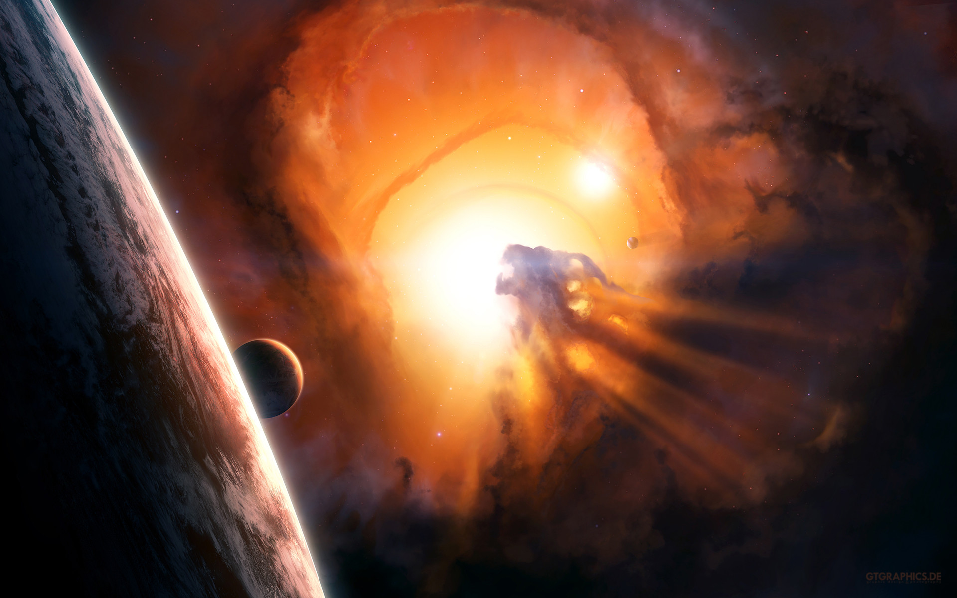 Buco nero, Pianeta, Nebulosa, Arancione, Spazio, 1920x1200, wallpaper desktop