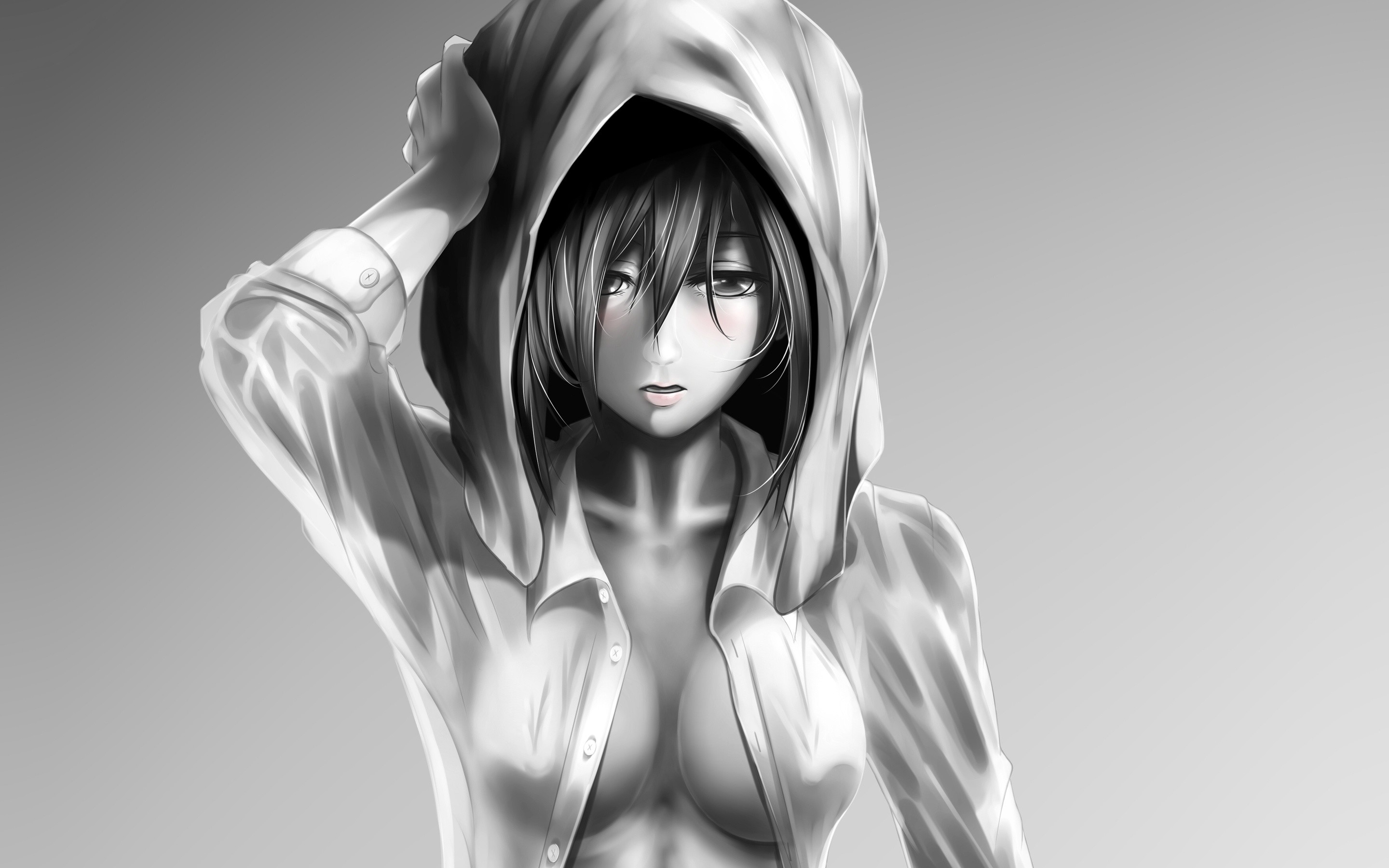 Ragazza anime, Cappuccio, Bianco e nero, 2880x1800, sfondo per PC