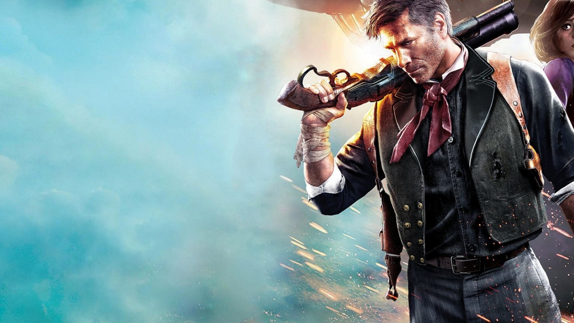 Booker DeWitt, BioShock Infinite, Fucile, Cielo azzurro, Full HD, sfondo per PC