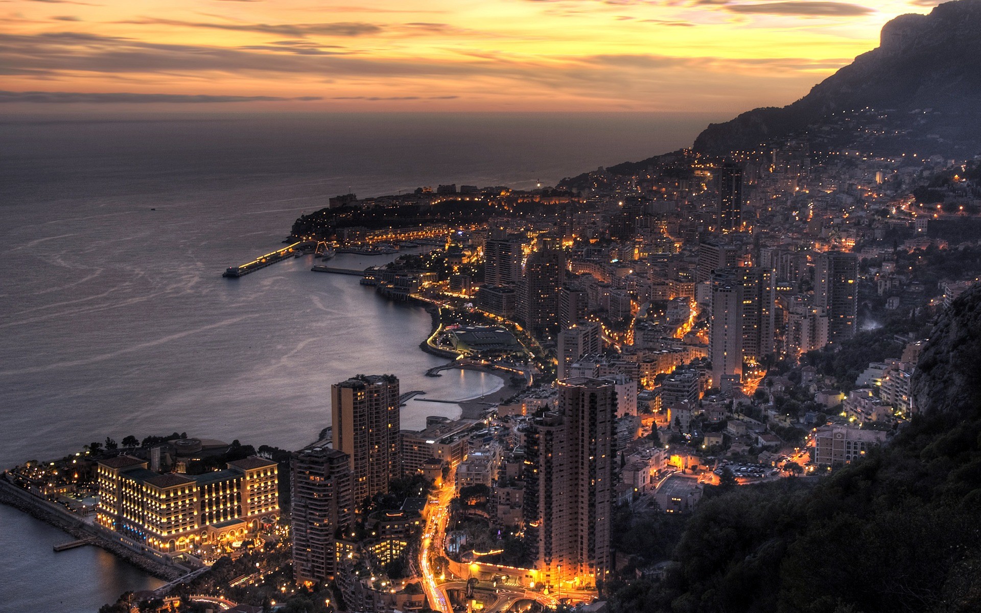 Monaco, Monte Carlo, Città, Tramonto, Costa, 1920x1200, immagine di sfondo