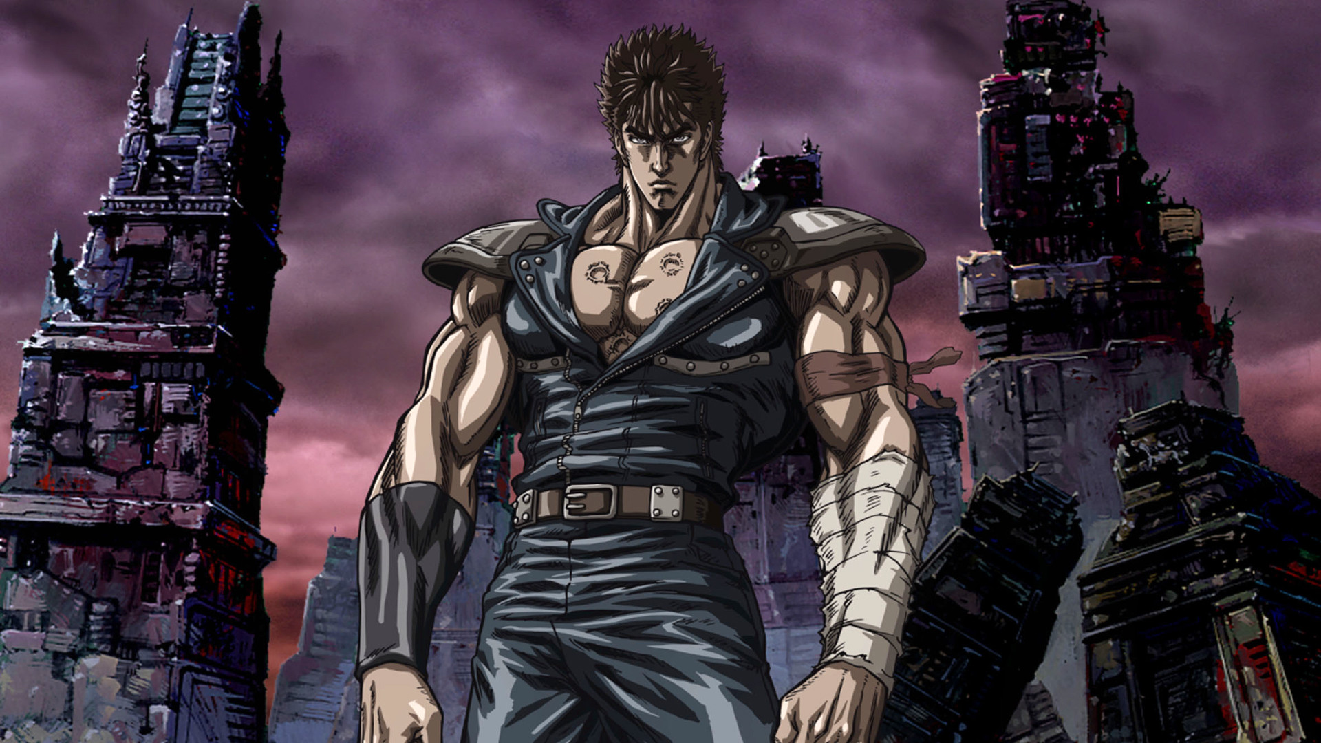 Kenshiro, Ken il guerriero, Rovine, Cielo viola, Anime, 1920x1080, immagine di sfondo
