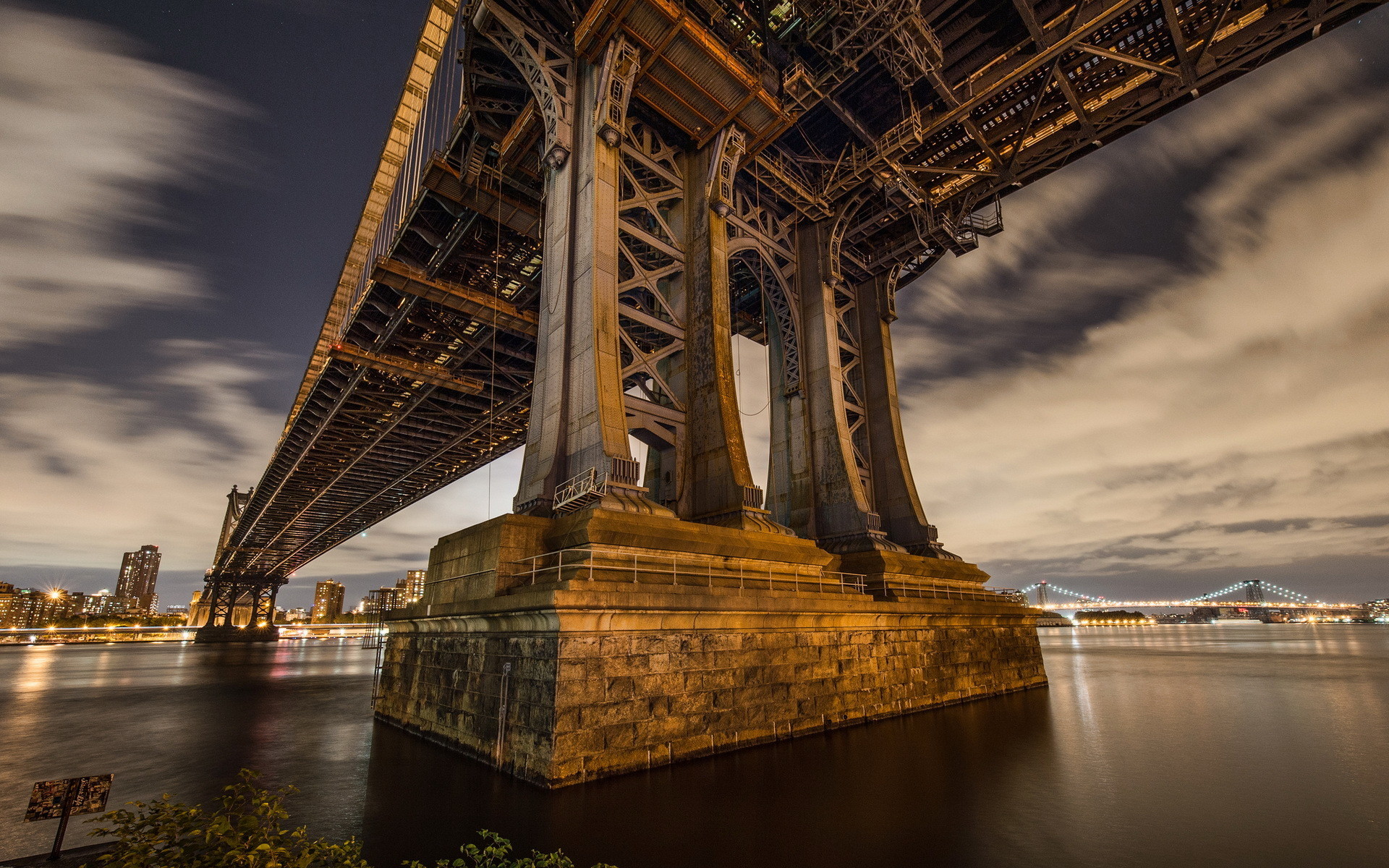 Manhattan Bridge, East River, Notte, Lunga esposizione, 16:10 Full HD, sfondo widescreen
