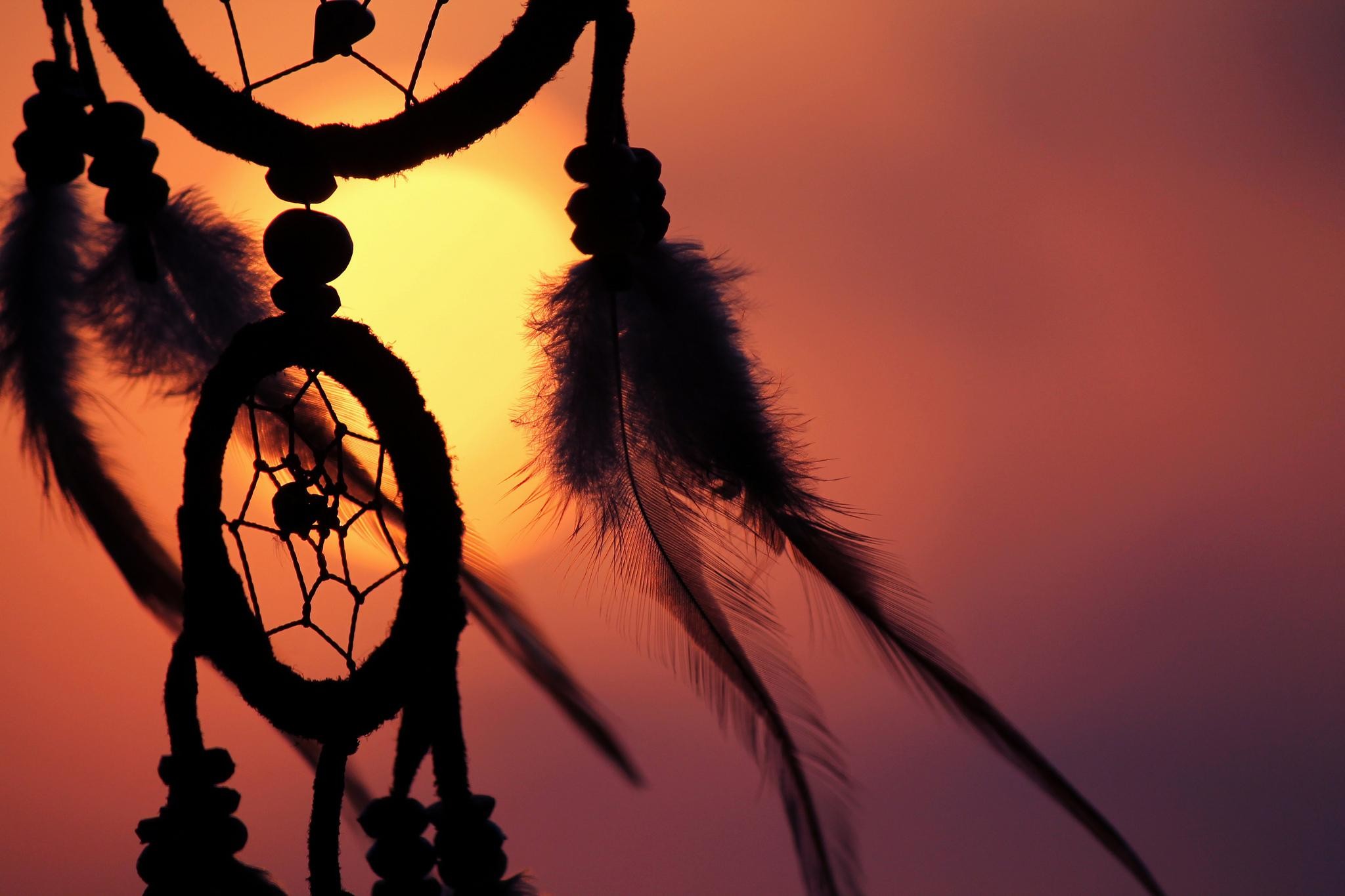 Acchiappasogni, Silhouette, Tramonto, Piume, Full HD, sfondo Windows 11
