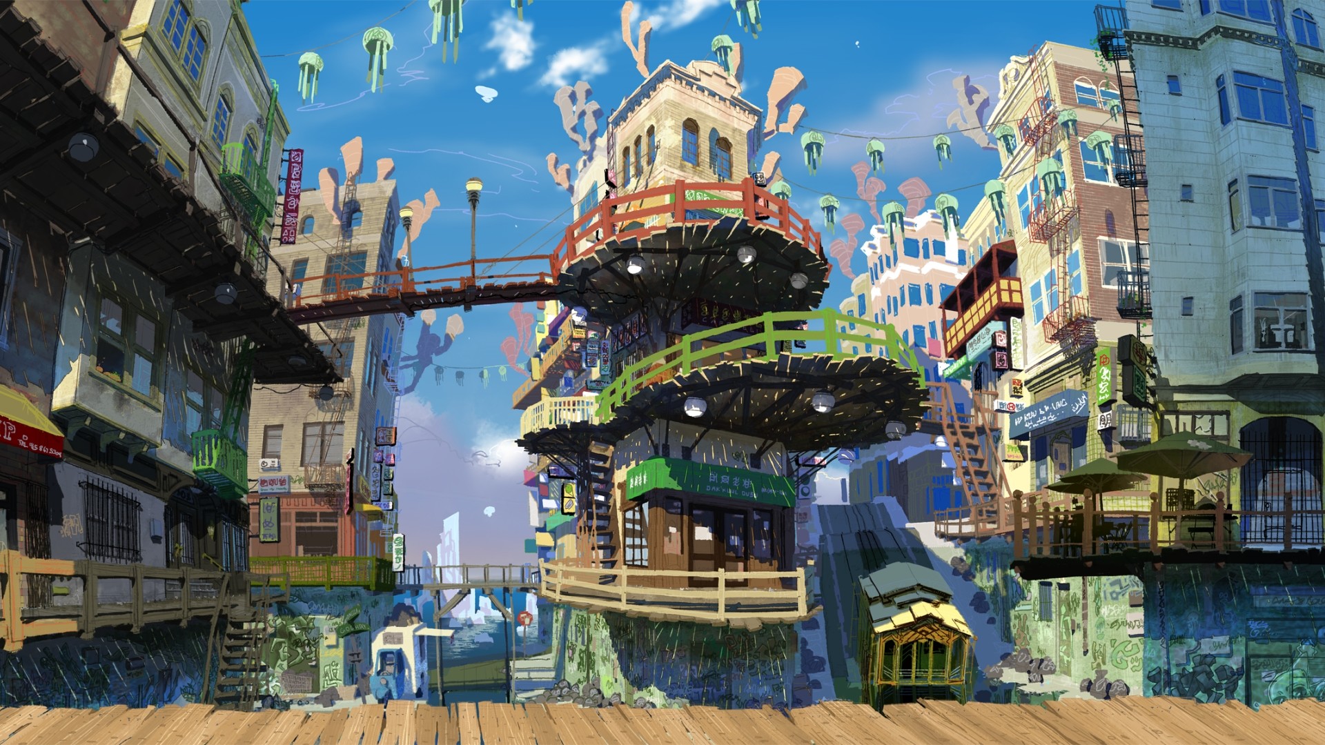 Paesaggio anime, Città fantastica, Architettura, Colori vivaci, Full HD, sfondo Windows 11