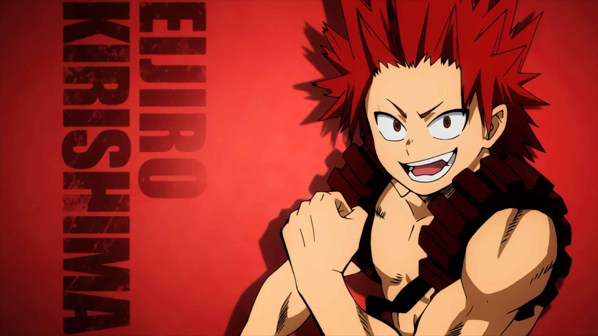 Eijiro Kirishima, My Hero Academia, Sfondo rosso, Tipografia, Sorriso, wallpaper desktop Full HD