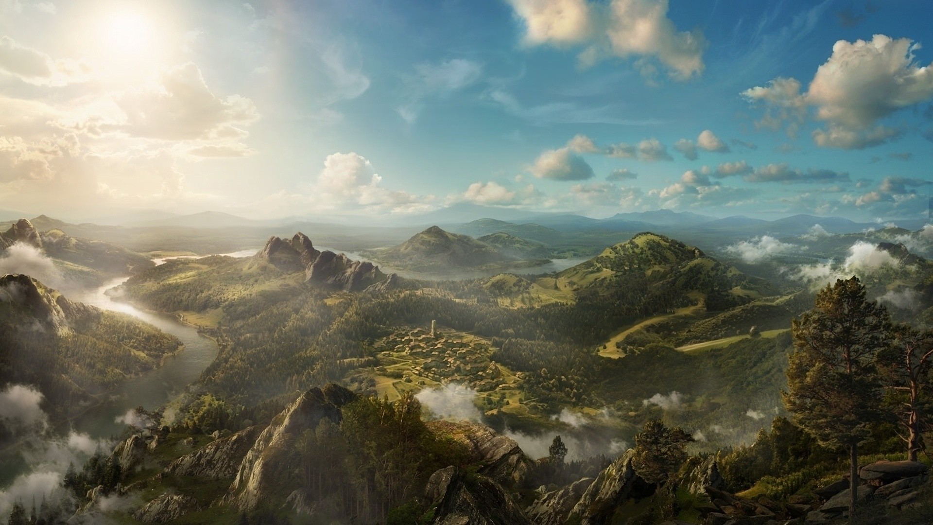 Montagne, Valle, Nuvole, Veduta aerea, Full HD, wallpaper per PC