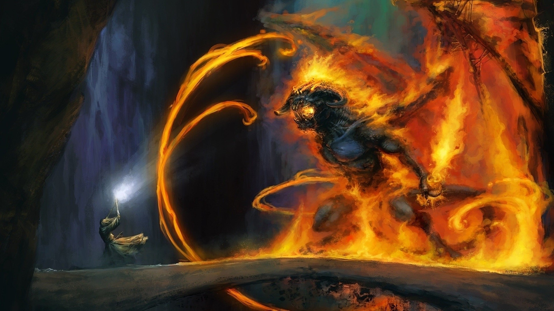 Balrog, Gandalf, Ponte di Khazad-dûm, Il Signore degli Anelli, Fuoco, sfondo desktop Full HD