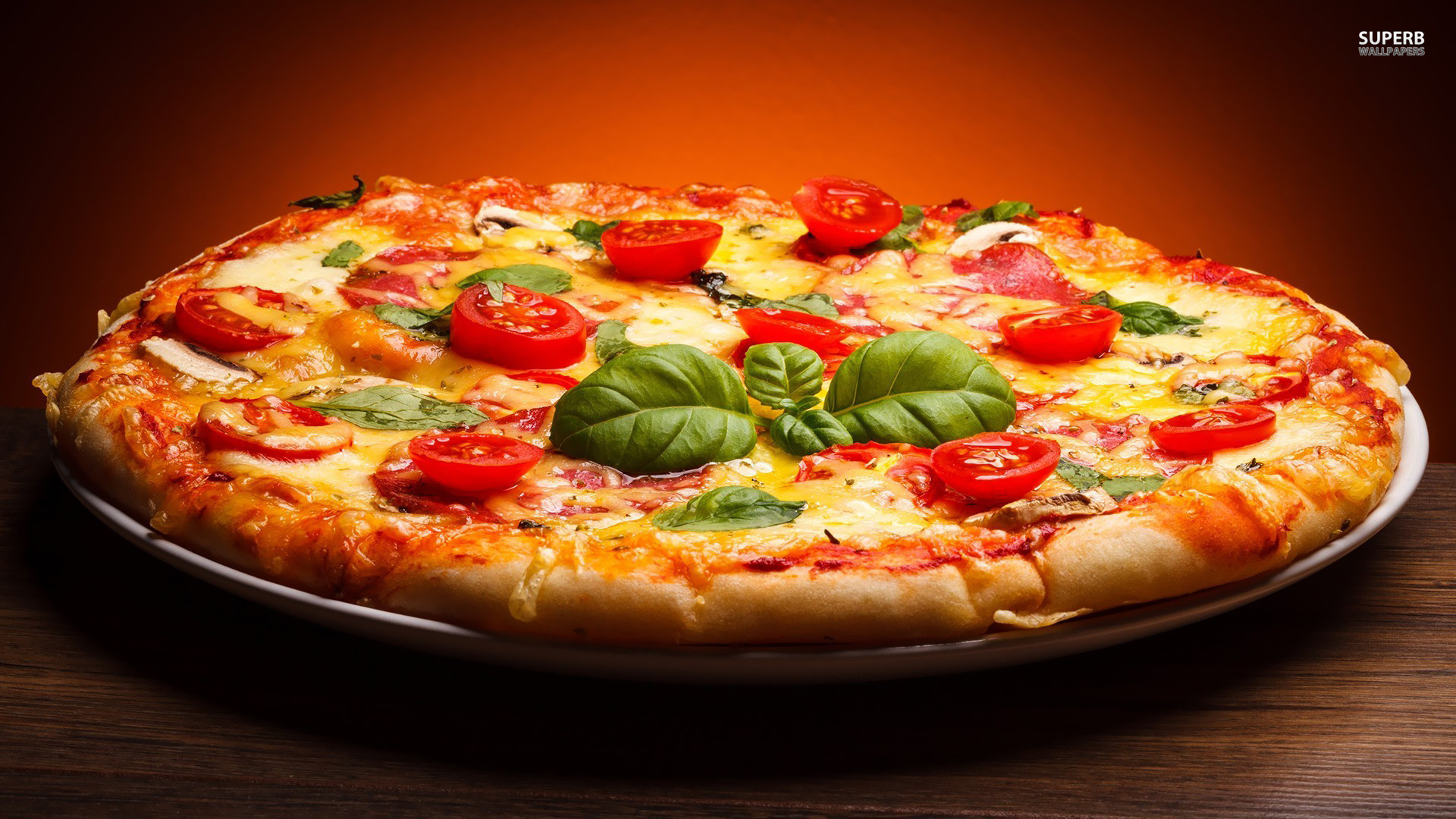 Pizza Margherita, Basilico, Pomodorini, Sfondo scuro, 1920x1080, wallpaper desktop