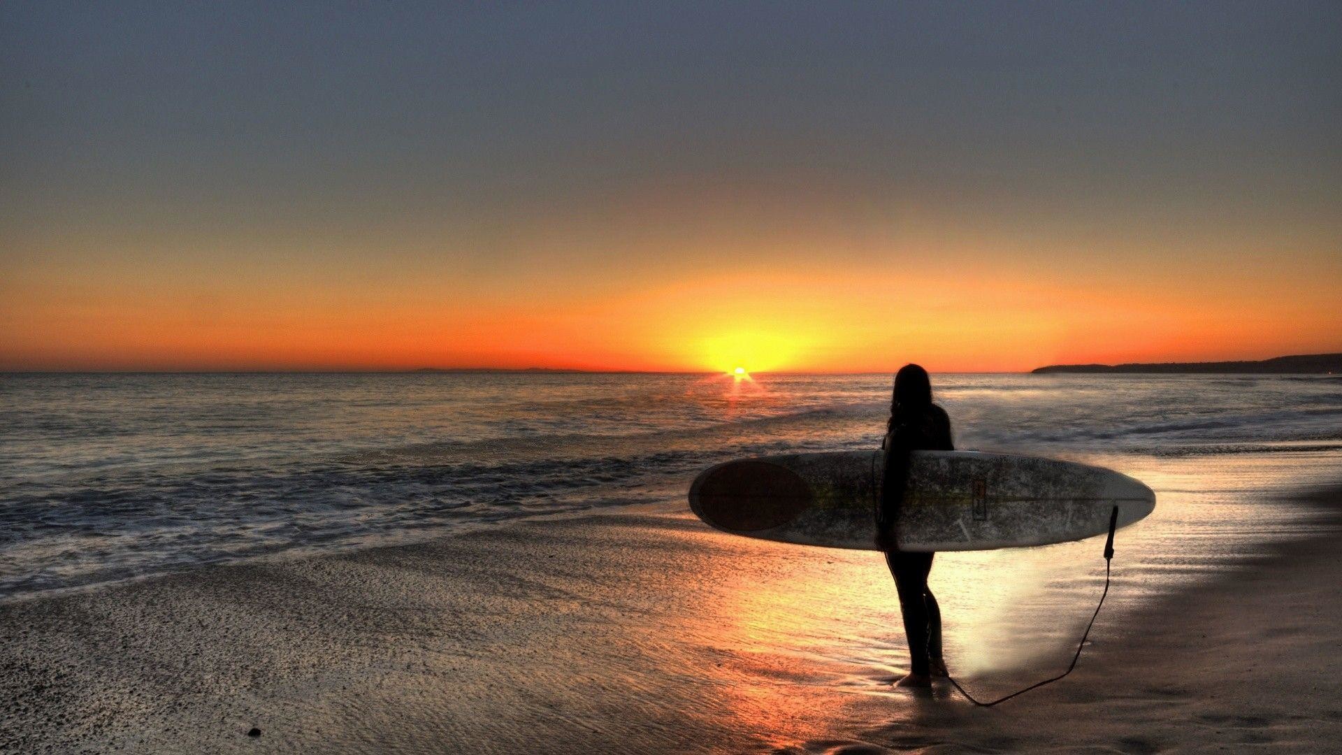 Surfista, Spiaggia, Tramonto, Silhouette, 1920x1080, immagine di sfondo