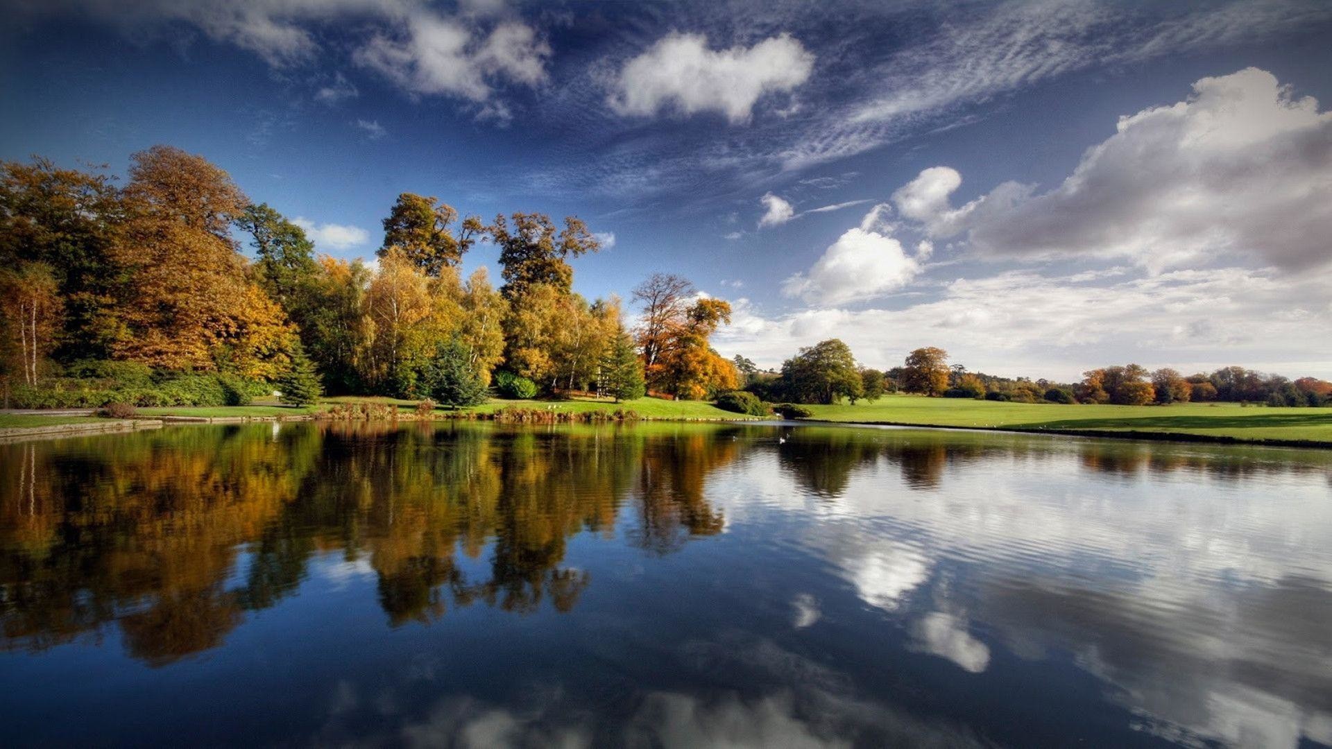 Lago, Autunno, Alberi, Riflesso, Nuvole, 16:9 Full HD, sfondo widescreen
