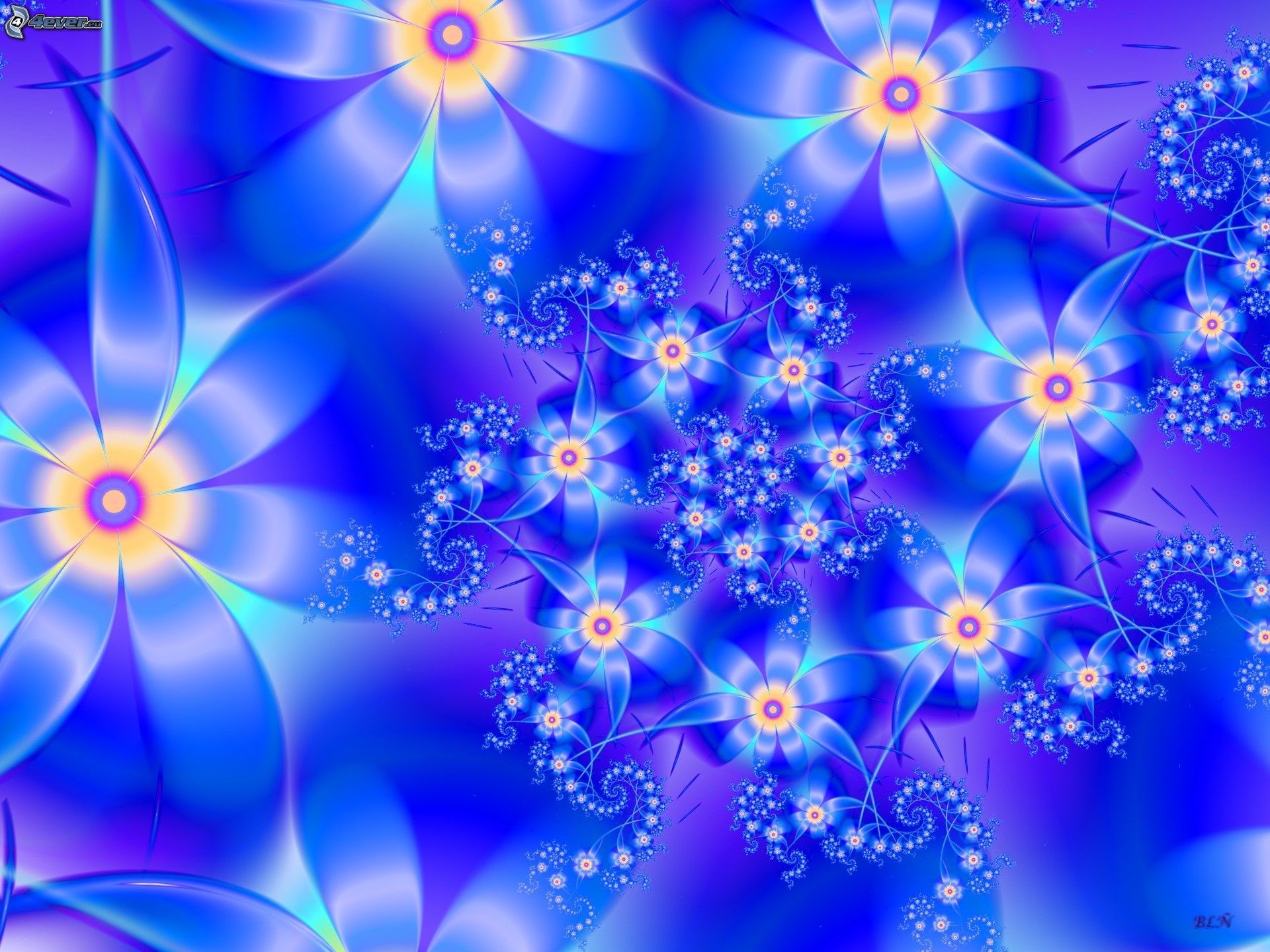 Frattale, Fiori blu, Spirali, Arte digitale, sfondo per iPad e tablet