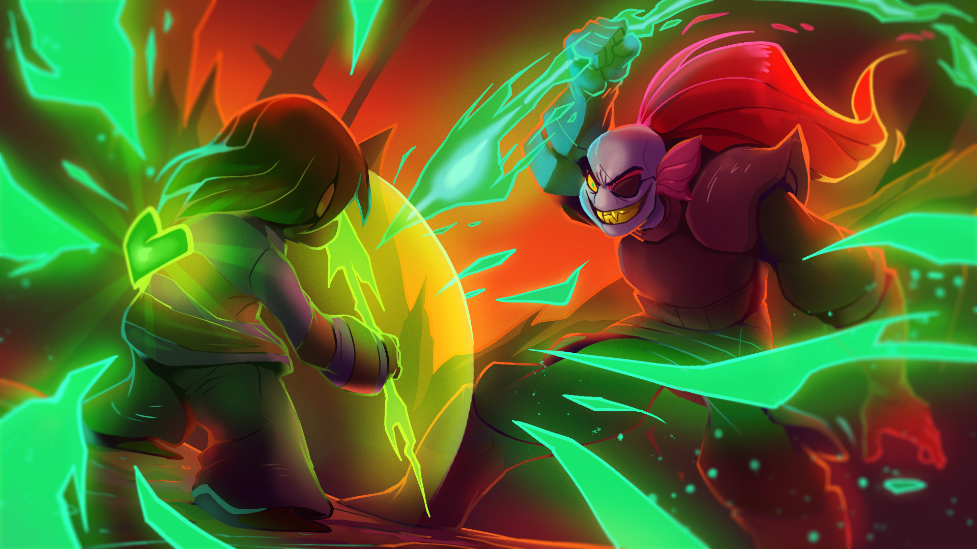 Undyne, Frisk, Undertale, Battaglia, Verde, Full HD, sfondo per portatile