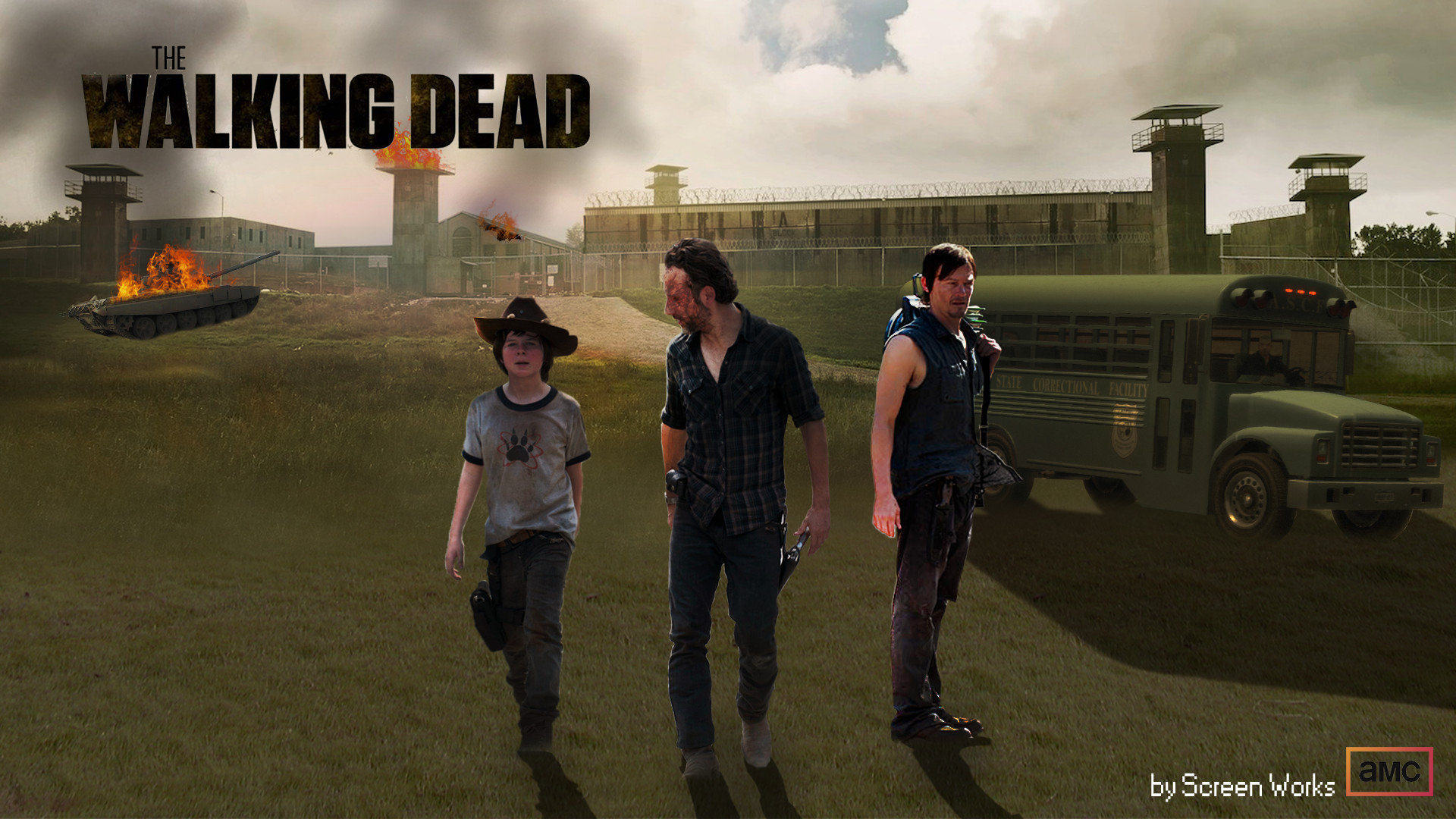 The Walking Dead, Rick Grimes, Carl Grimes, Daryl Dixon, Prigione, Scuolabus, sfondo Full HD