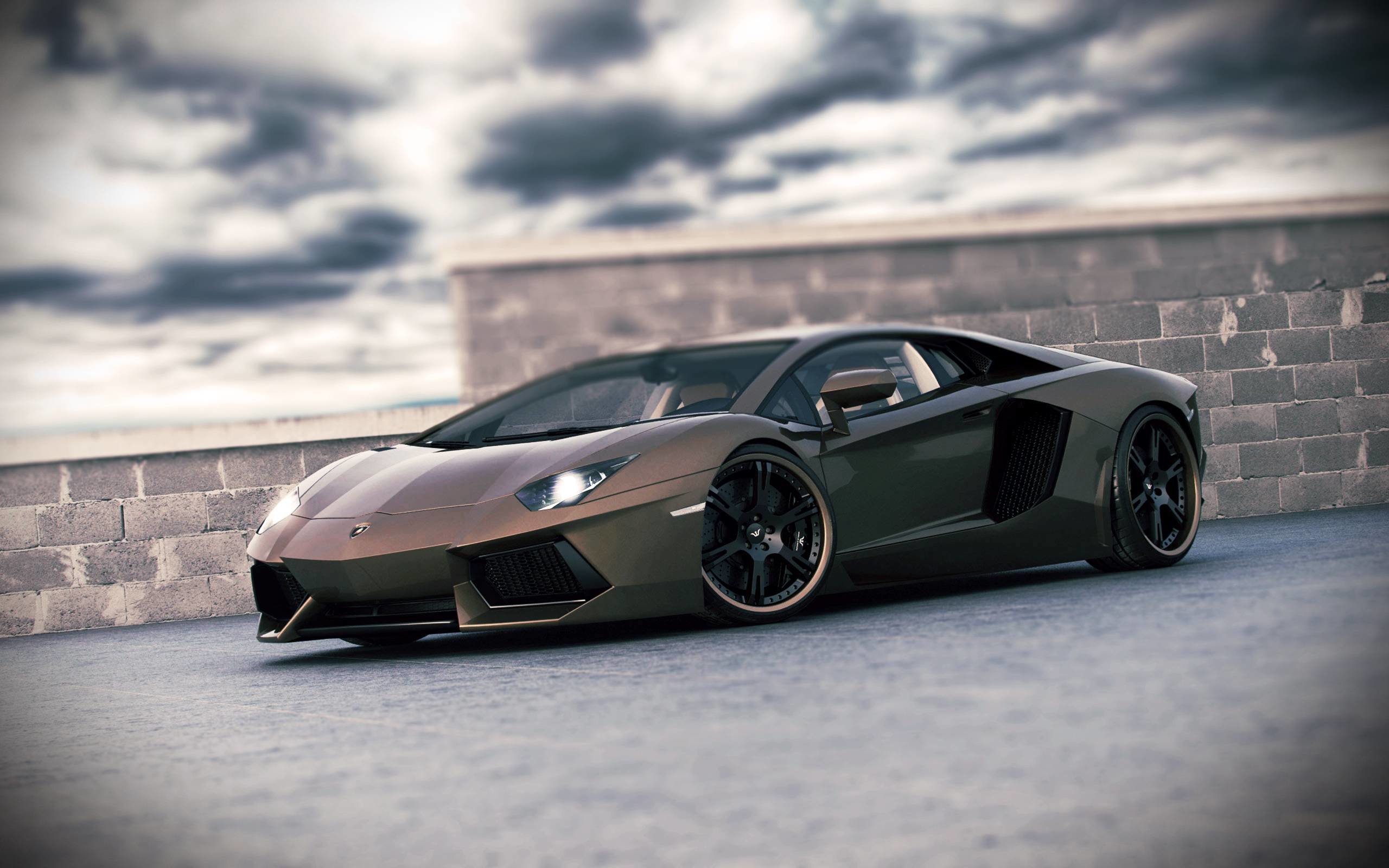 Lamborghini Aventador, Supercar, Cielo nuvoloso, Muro di pietra, sfondo Windows 11
