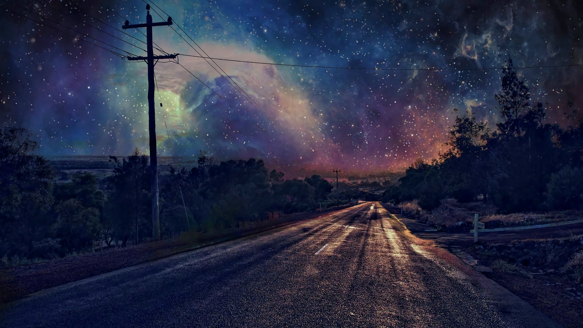Strada, Cielo stellato, Nebulosa, Notte, 16:9 Full HD, wallpaper widescreen