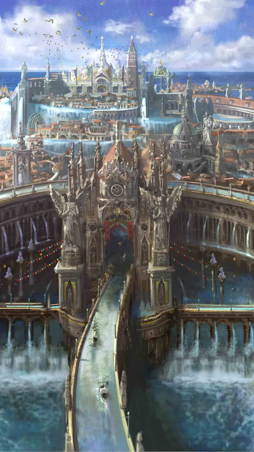 Insomnia, Final Fantasy XV, Cittadella, Città, Cascate, Full HD, sfondo per iPhone e Android
