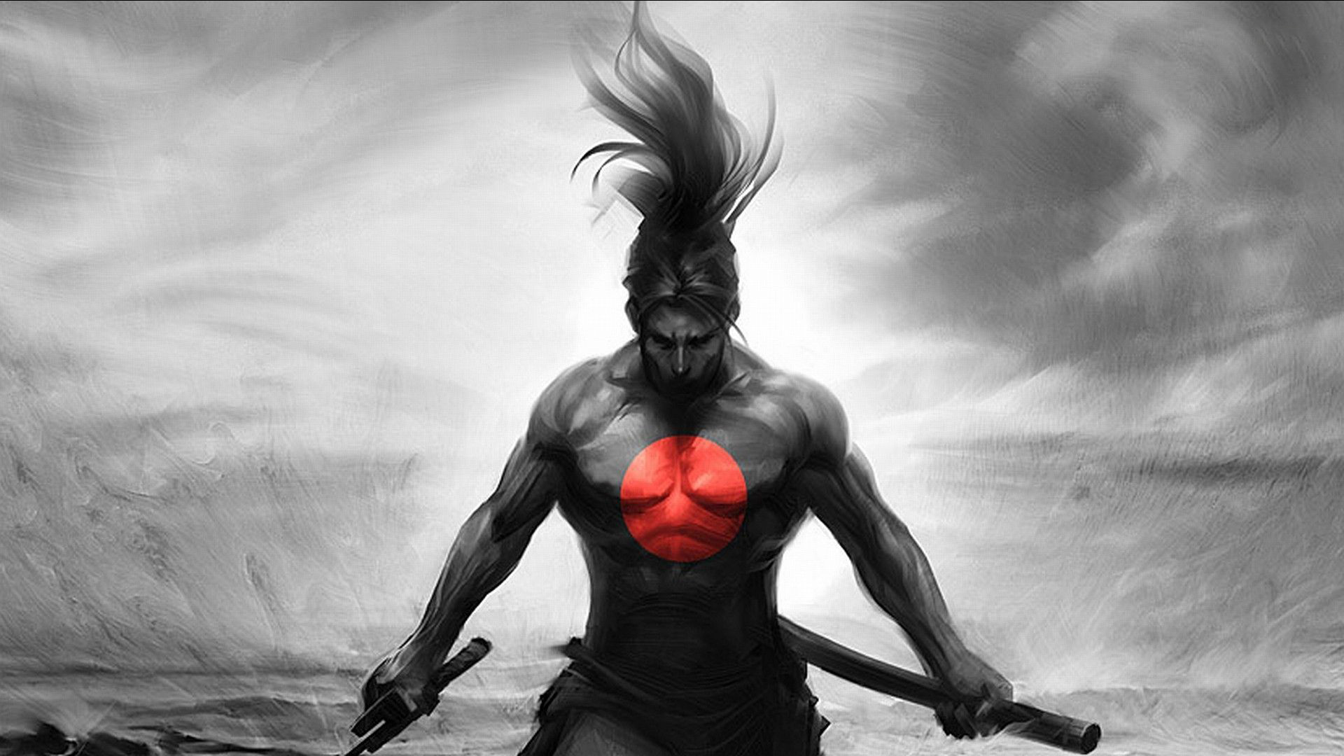 Samurai, Spade, Sole rosso, Bianco e nero, 1920x1080, immagine di sfondo