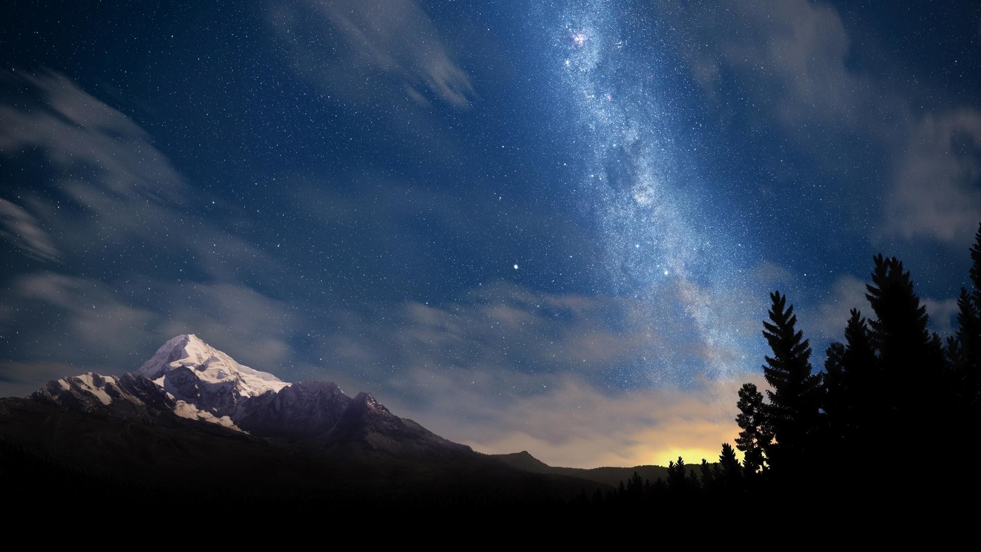 Via Lattea, Montagna innevata, Abeti, Notte, 1920x1080, sfondo per PC