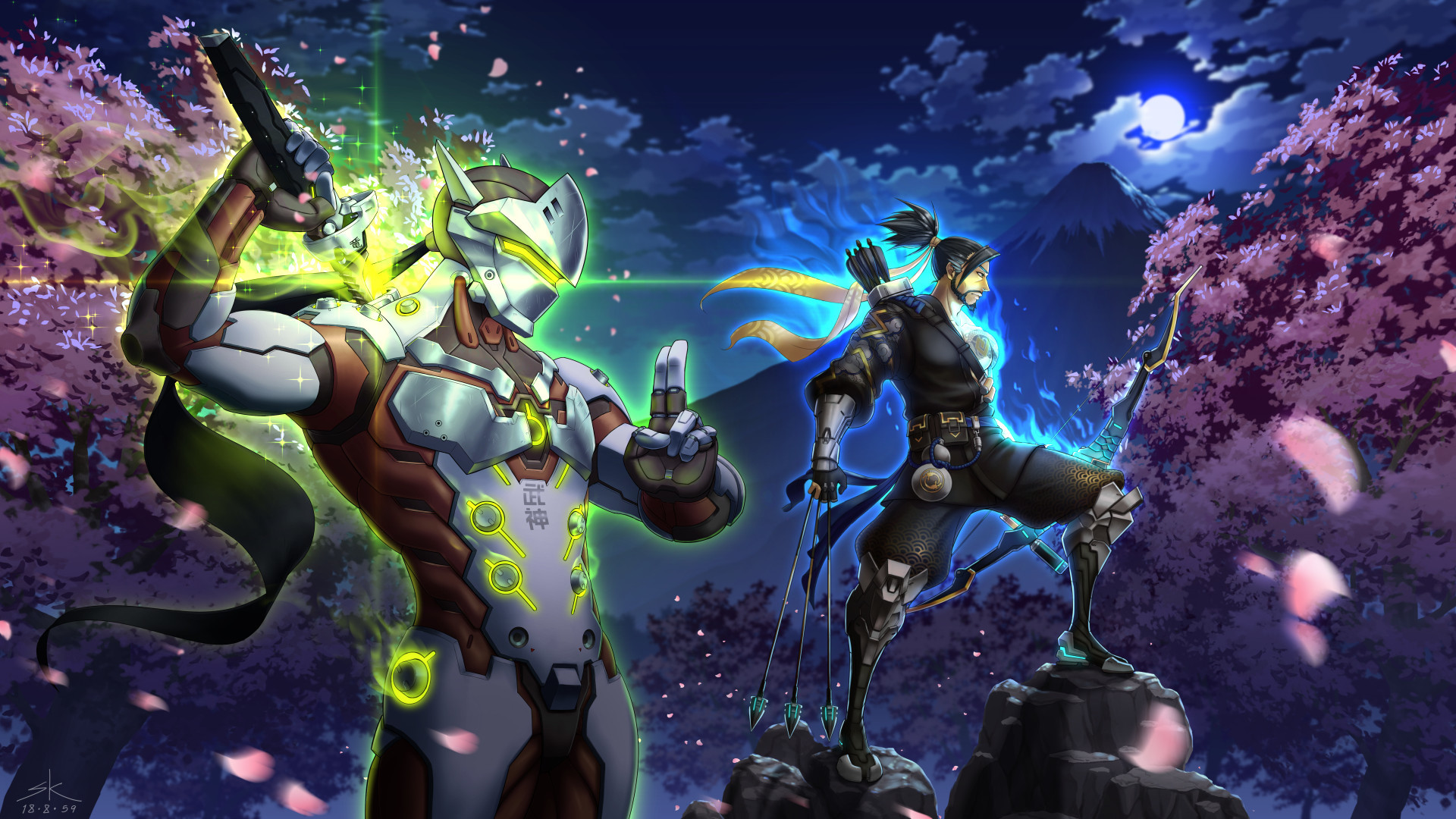 Genji, Hanzo, Overwatch, Fiori di ciliegio, Notte, Full HD, sfondo per portatile