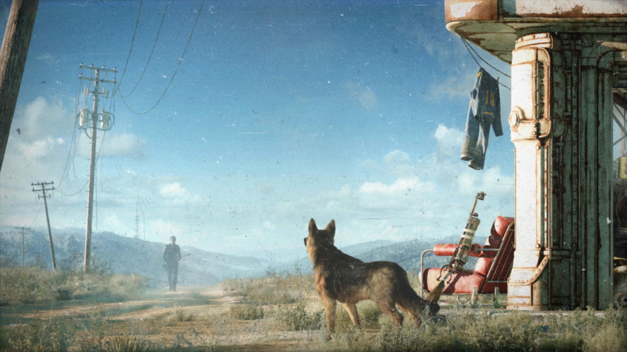 Fallout 4, Dogmeat, Red Rocket, Zona contaminata, Cielo azzurro, sfondo desktop 2K
