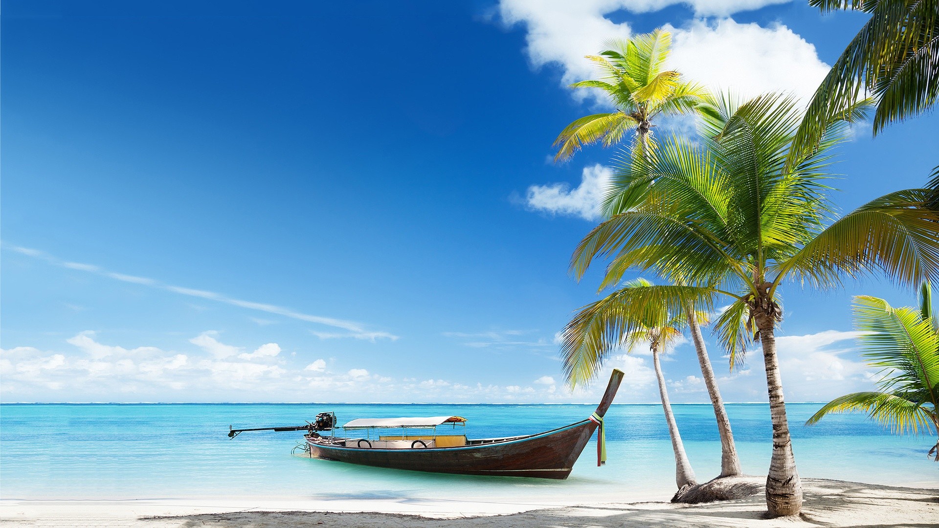 Barca a coda lunga, Palme, Thailandia, Mare turchese, Full HD, sfondo Windows 11