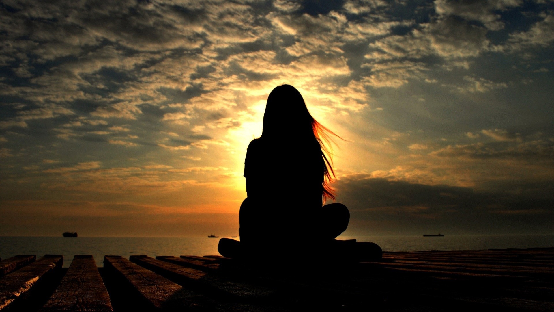 Ragazza, Silhouette, Tramonto, Solitudine, 16:9 Full HD, sfondo widescreen