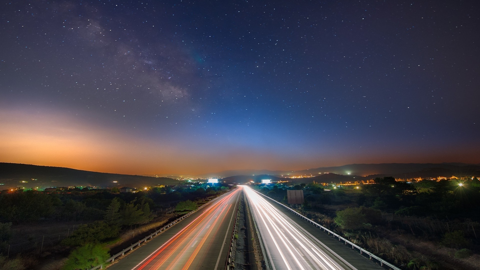 Autostrada, Scie luminose, Via Lattea, Notte, Full HD 1080p, sfondo desktop