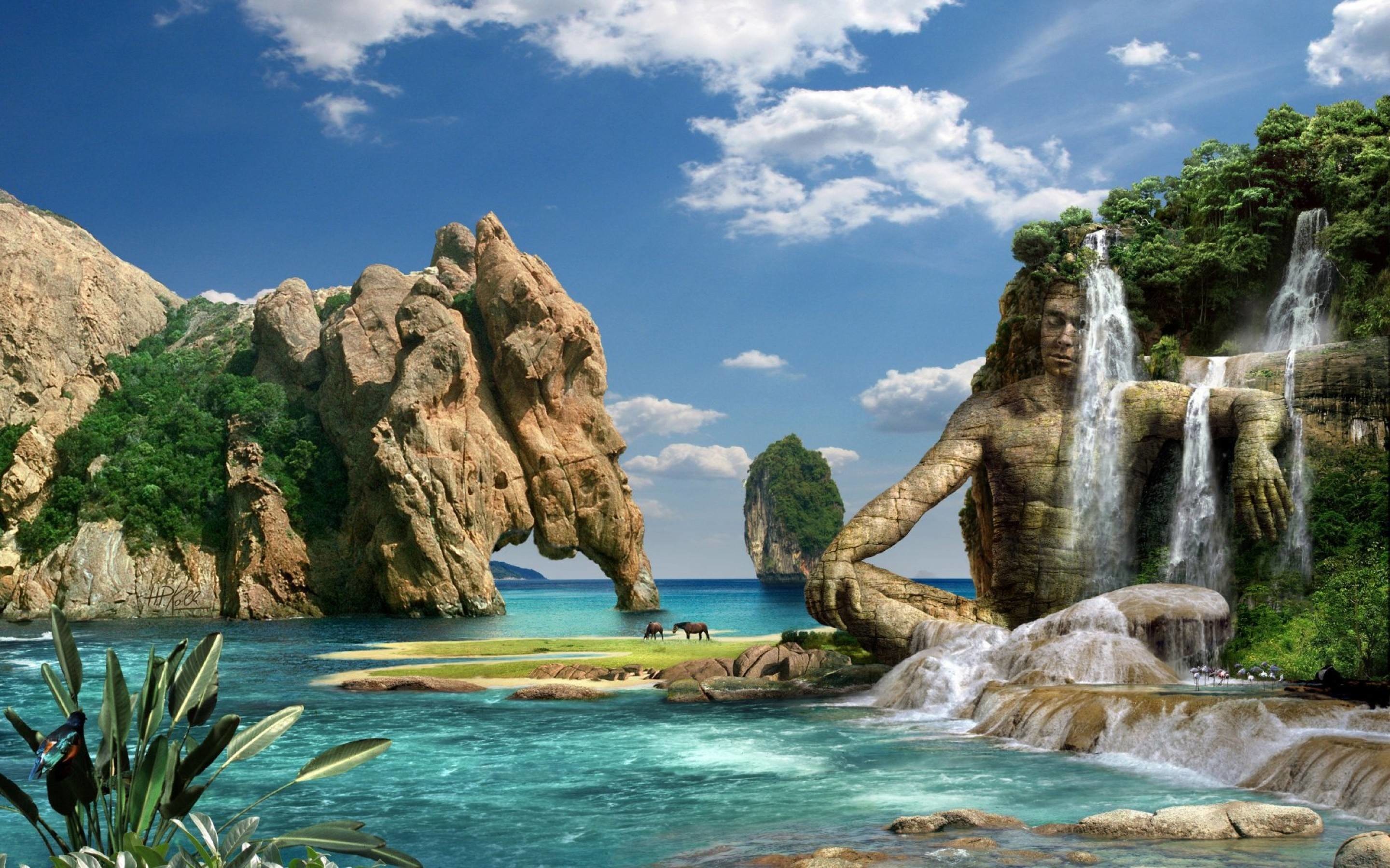 Paesaggio fantasy, Cascate, Rocce, Mare, 2880x1800, sfondo MacBook Pro