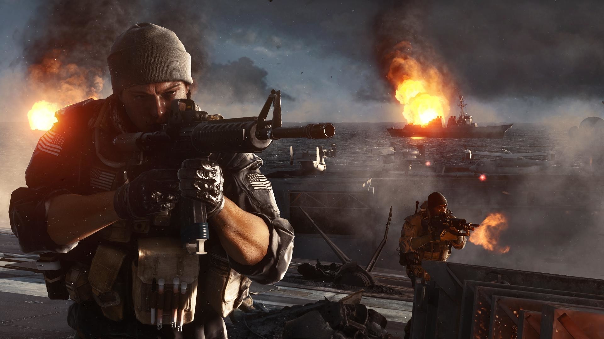 Battlefield 4, Soldato, Fucile d'assalto, Fuoco, Nave, Full HD, sfondo desktop