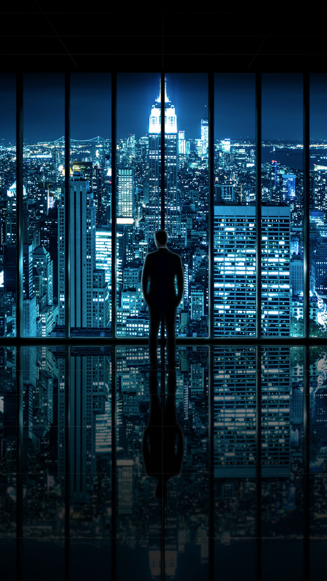 Uomo d'affari, Empire State Building, New York, Notte, Finestra, sfondo iPhone Full HD