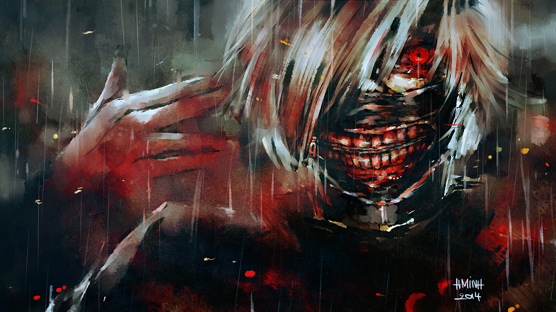 Ken Kaneki, Tokyo Ghoul, Maschera, Pittura, Rosso, 1920x1080, sfondo per PC