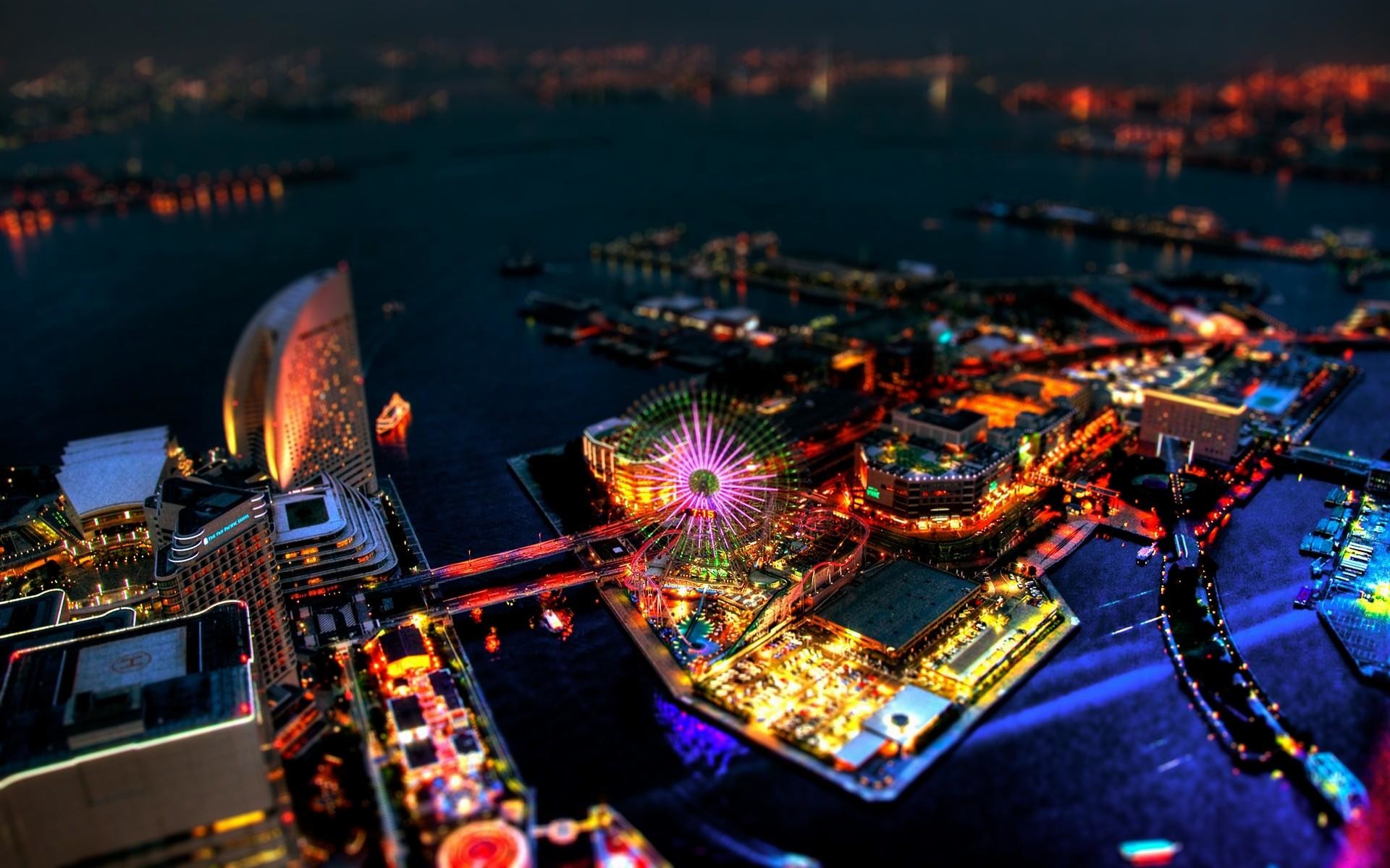 Luna park, Porto, Notte, Ruota panoramica, Tilt-shift, Full HD, wallpaper per portatile