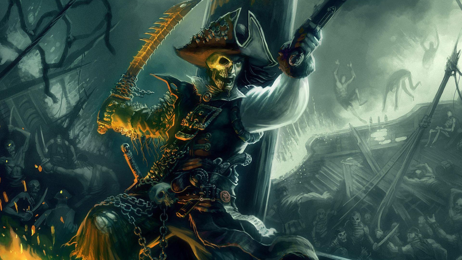Pirata scheletro, Sciabola, Fantasy, Illustrazione, 1920x1080, sfondo per PC