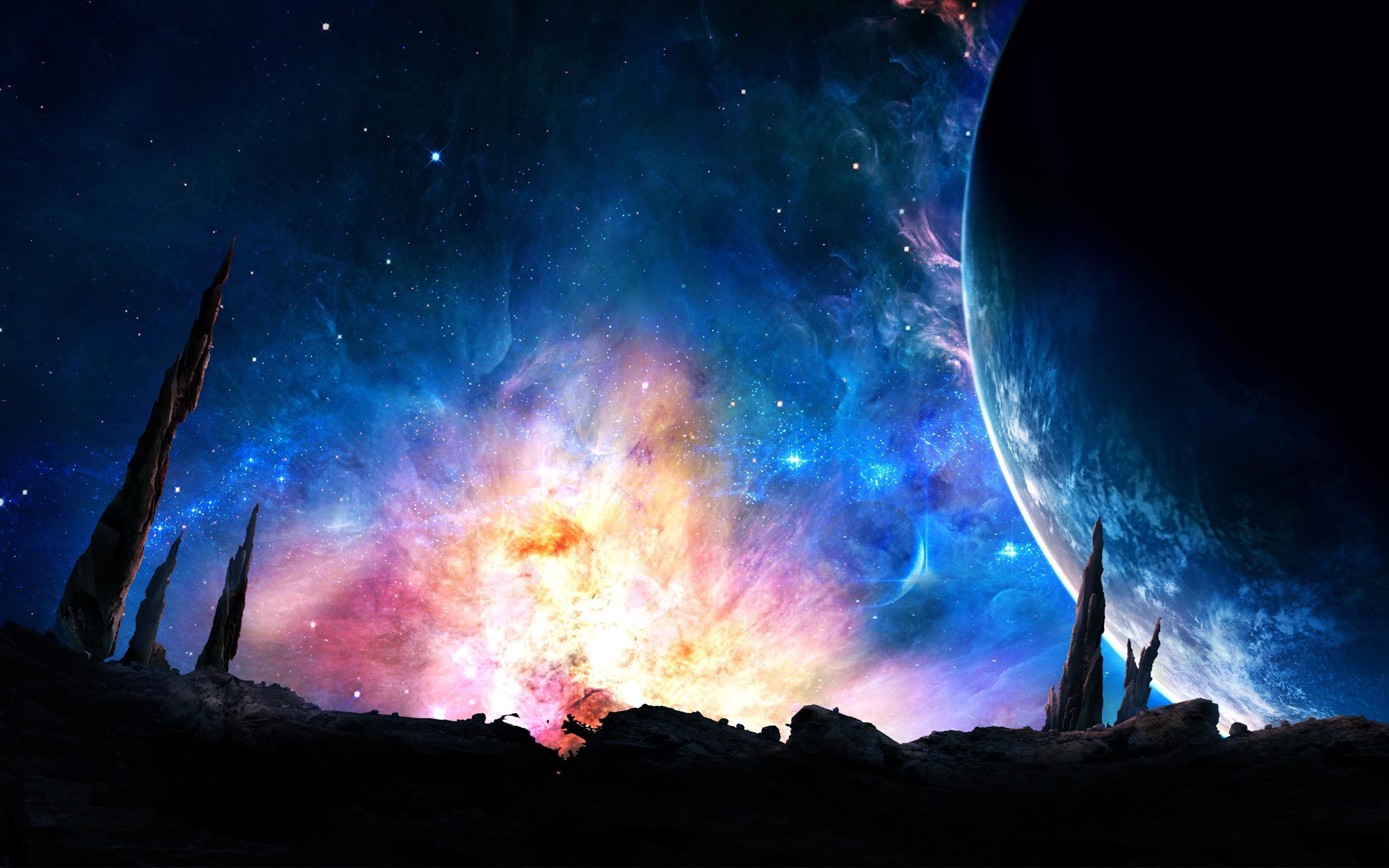 Nebulosa, Pianeta, Paesaggio alieno, Fantascienza, 2880x1800, sfondo per PC