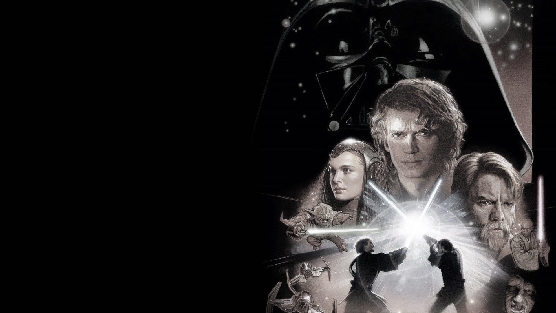 Star Wars: Episodio III - La vendetta dei Sith, Anakin Skywalker, Darth Vader, Padmé Amidala, Bianco e nero, sfondo 1080p