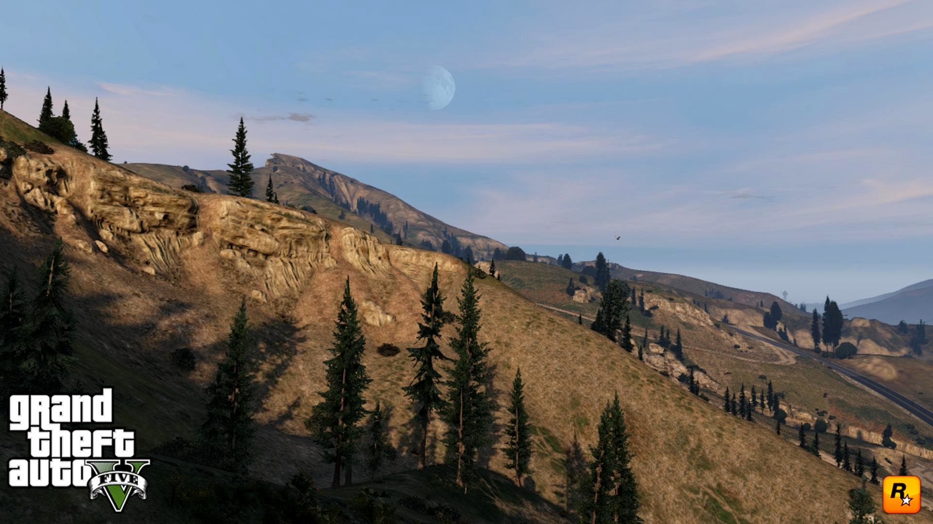 Grand Theft Auto V, Colline, Pini, Luna, Paesaggio, Full HD, sfondo per portatile