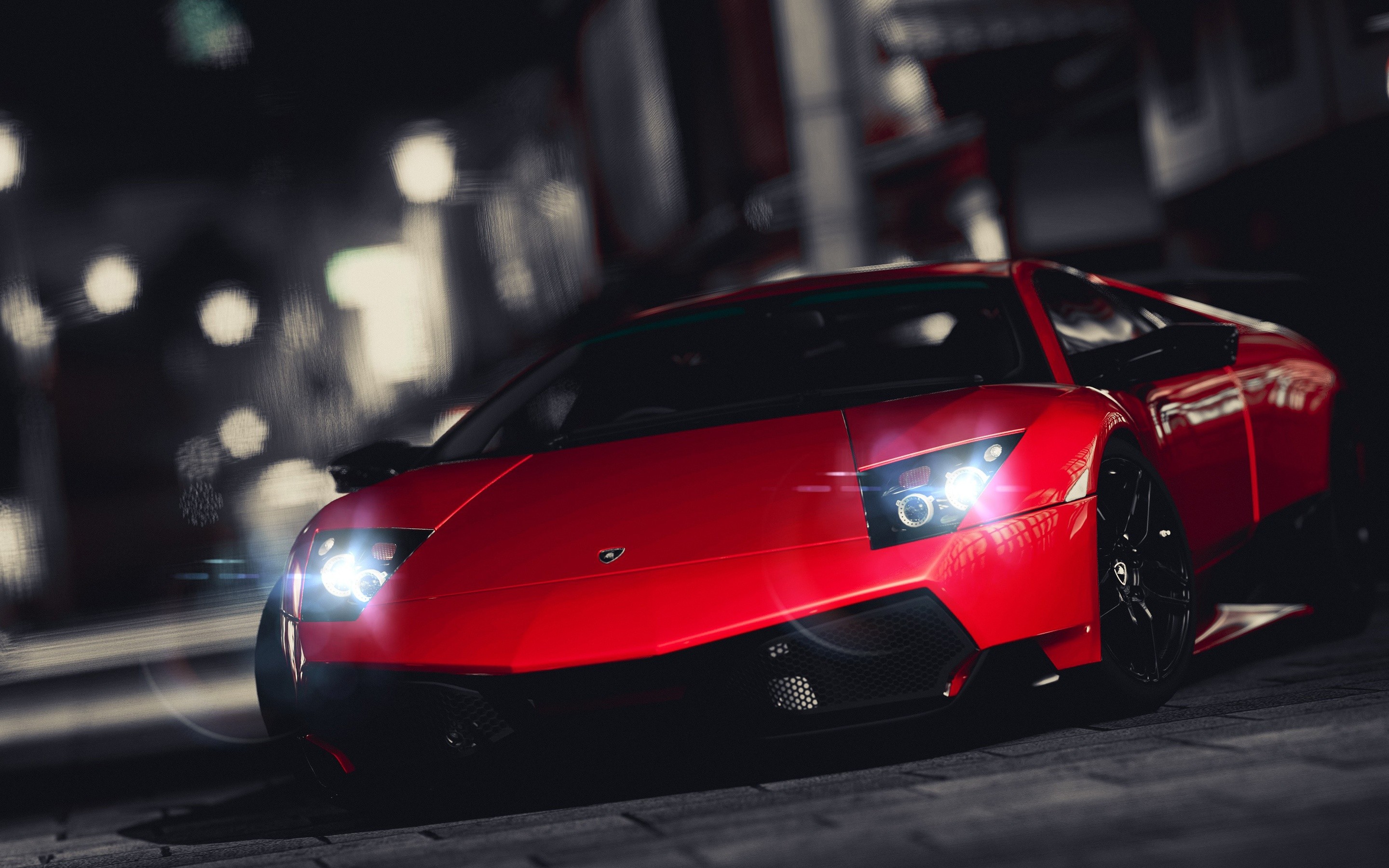 Lamborghini Murciélago, Rosso, Notte, Fari, 2880x1800, wallpaper desktop