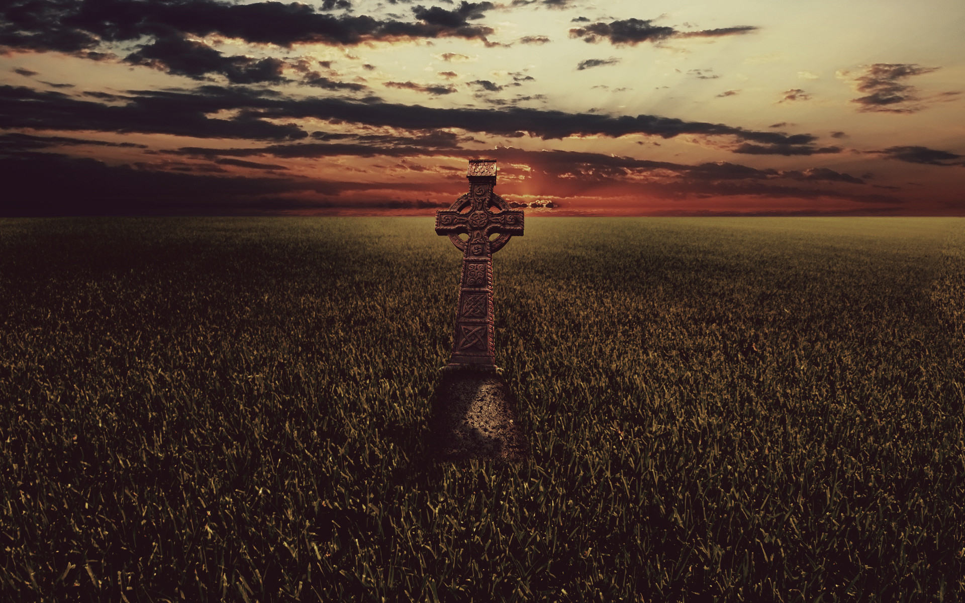Croce celtica, Campo, Tramonto, Full HD, sfondo per PC e portatile