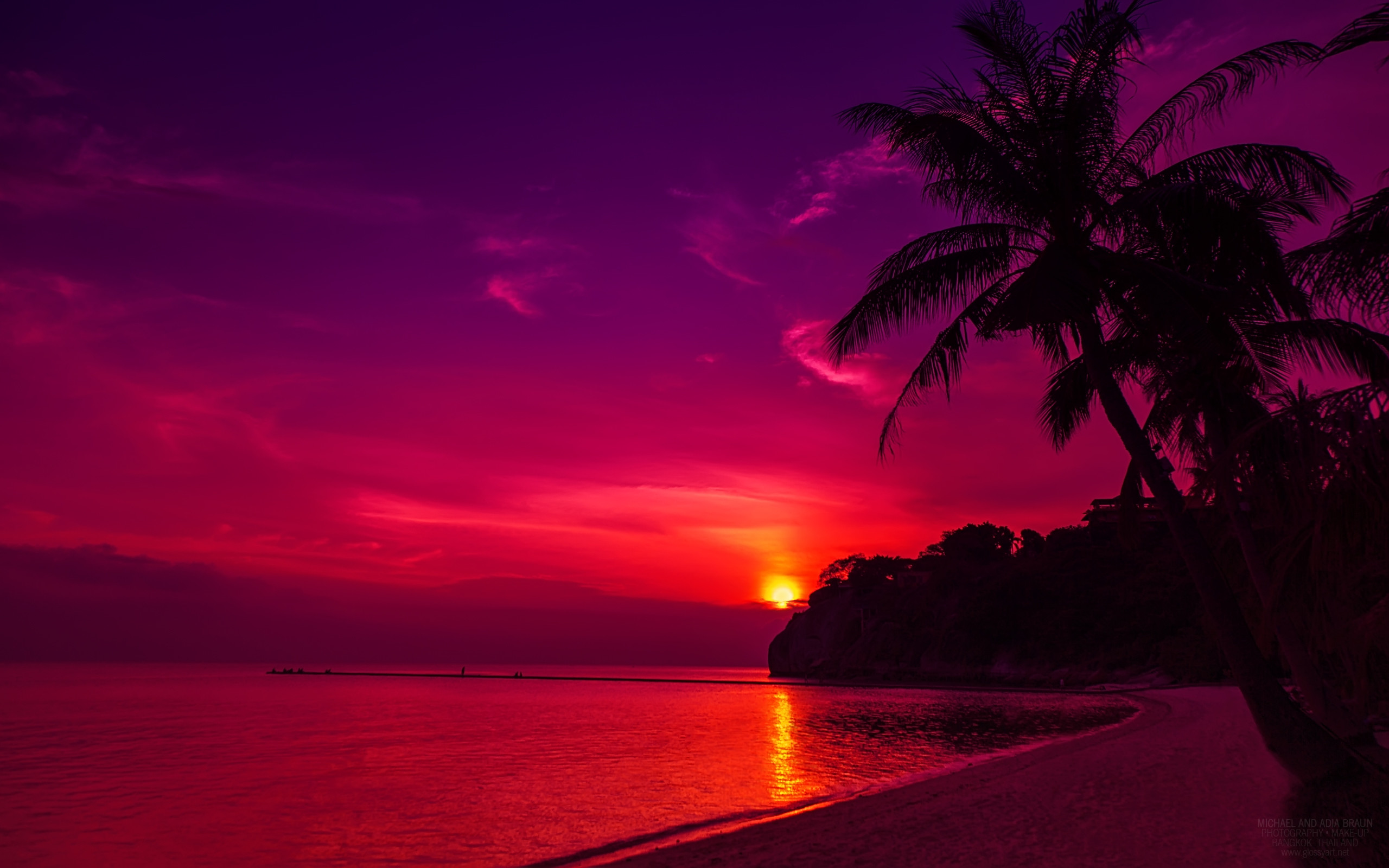 Palme, Tramonto tropicale, Spiaggia, Magenta, 2K, sfondo desktop