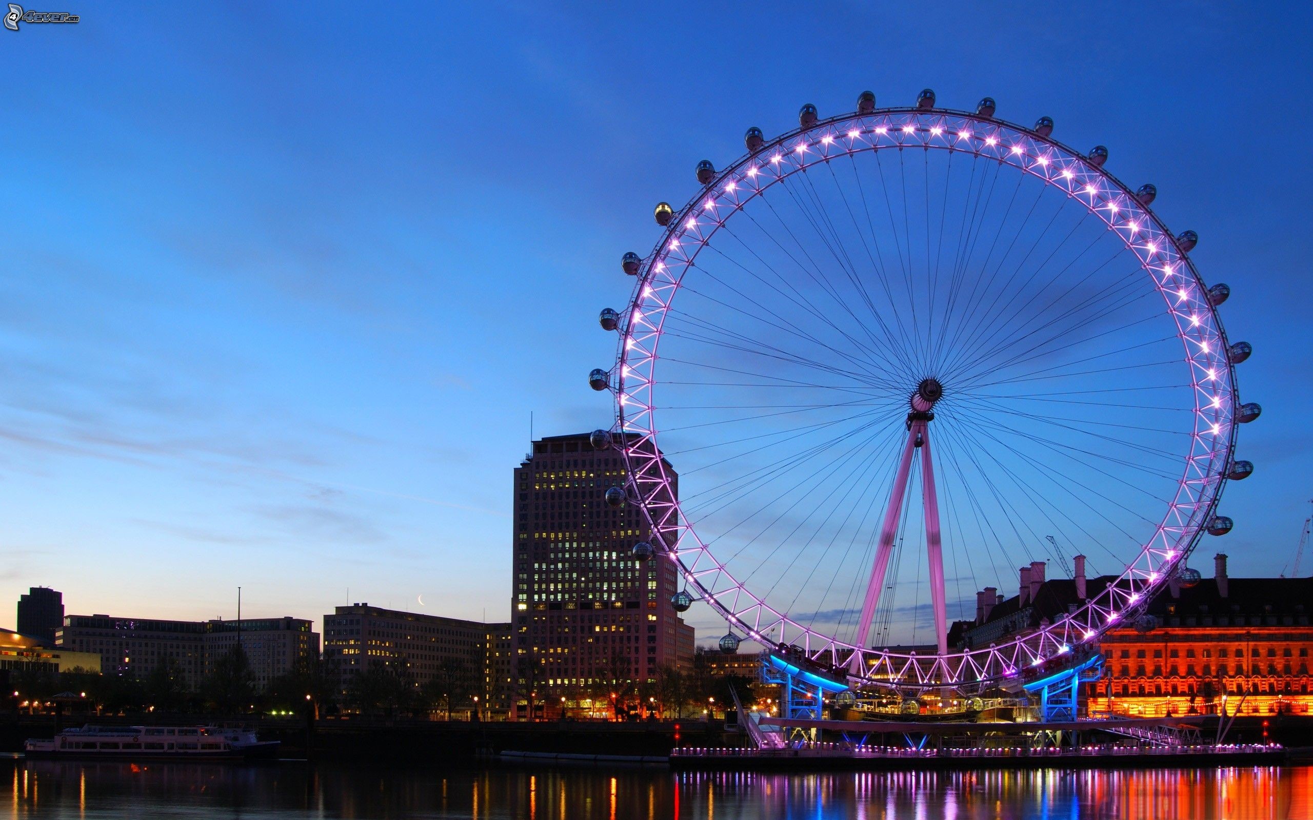 London Eye, Londra, Crepuscolo, Luci viola, 2K 1600p, sfondo desktop