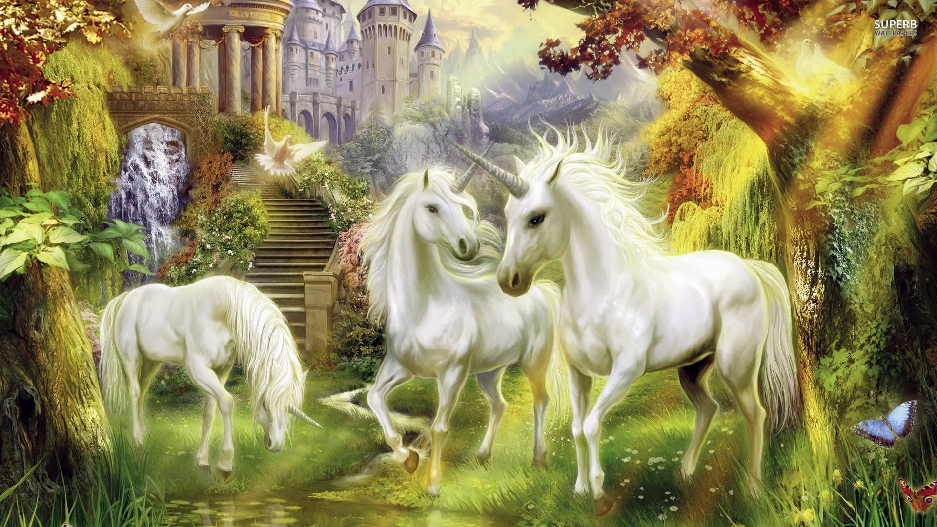 Unicorni, Fantasy, Castello, Bosco incantato, Cascata, 1920x1080, sfondo per PC