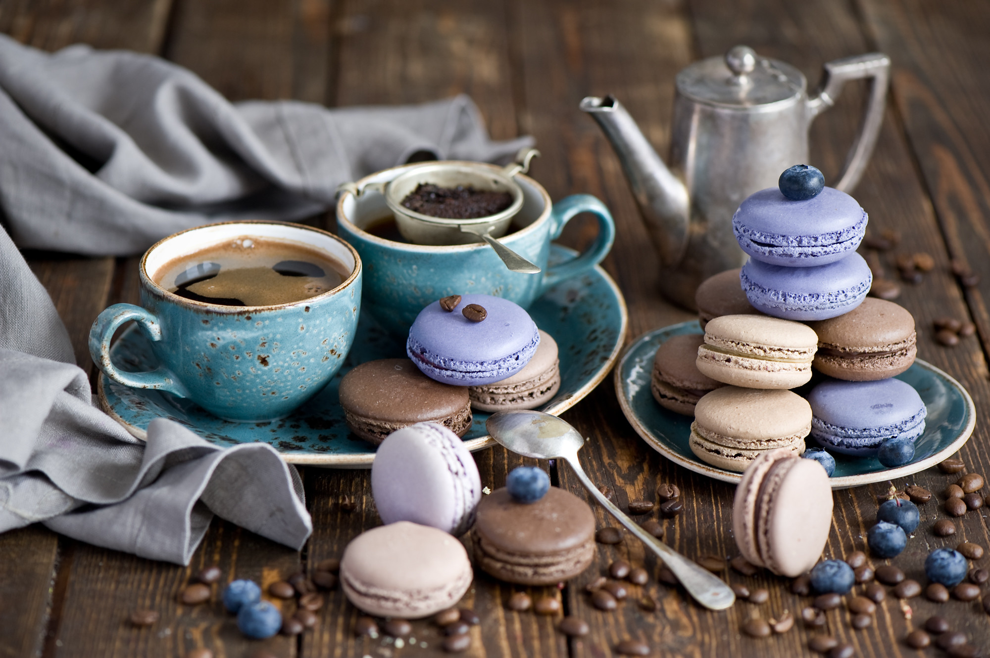 Macarons, Caffè, Mirtilli, Teiera, Full HD, sfondo per PC e portatile