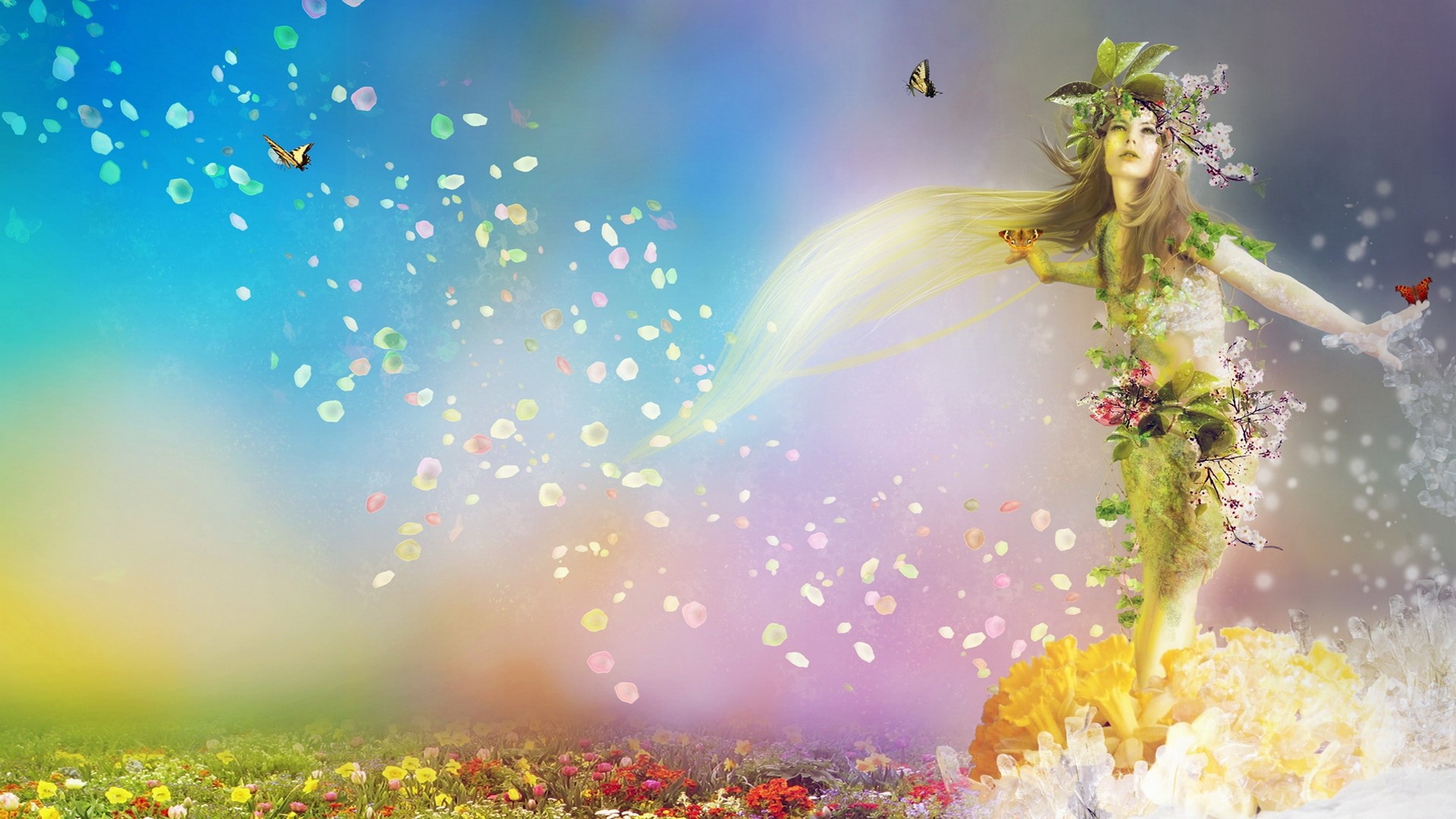 Dea della primavera, Donna fantasy, Petali, Farfalle, Arte digitale, Colori pastello, wallpaper Mac